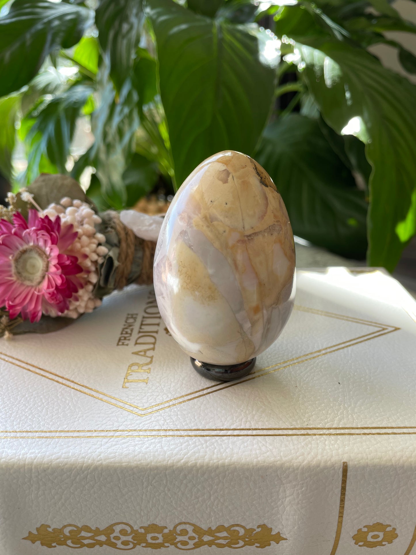 Spotted Agate Egg Includes Hematite Ring