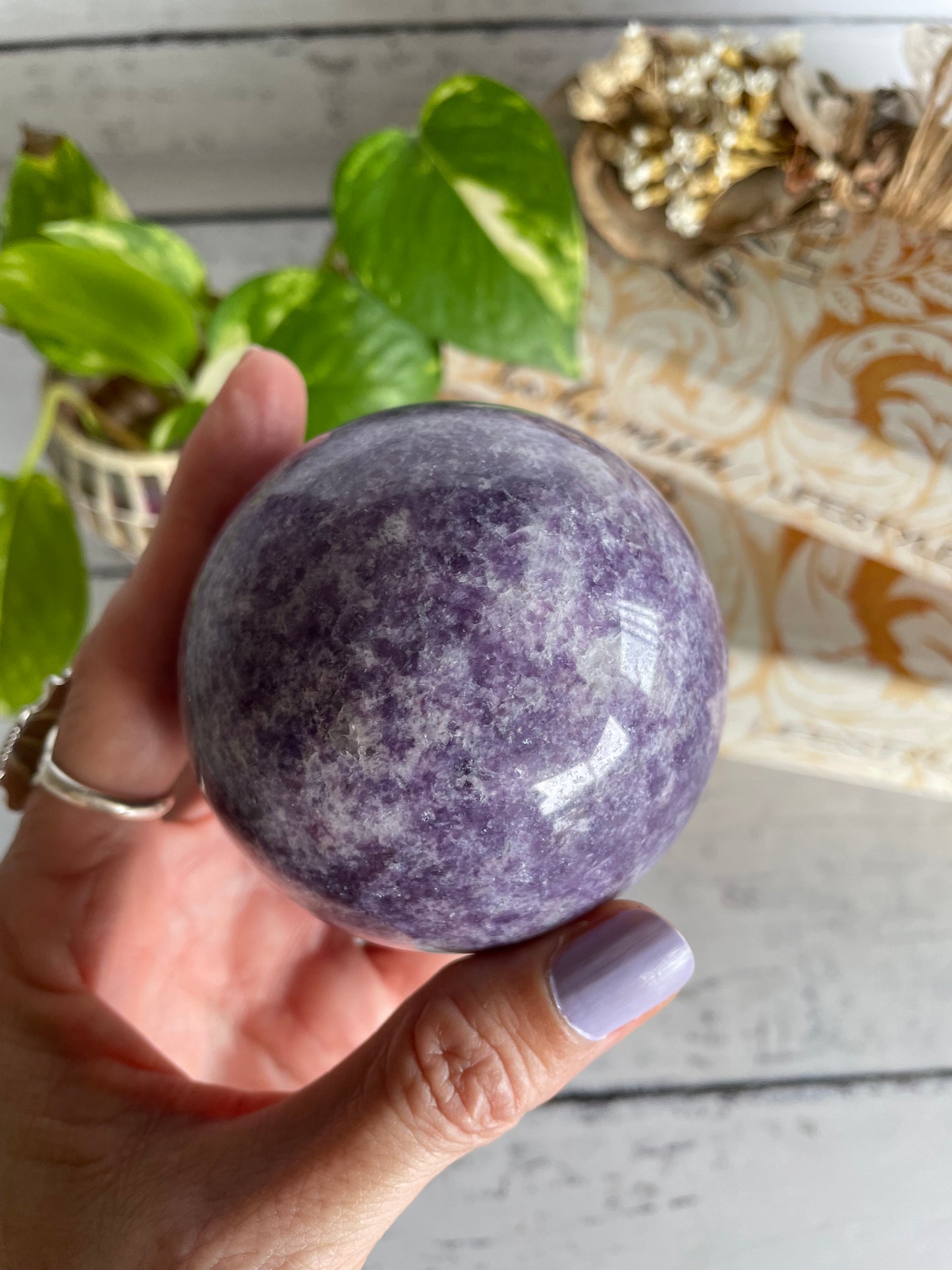 Lepidolite Sphere Includes Wooden Holder