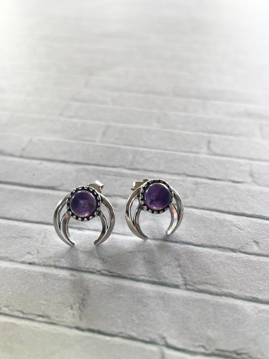 Oxidised Horn/Moon Amethyst Studs