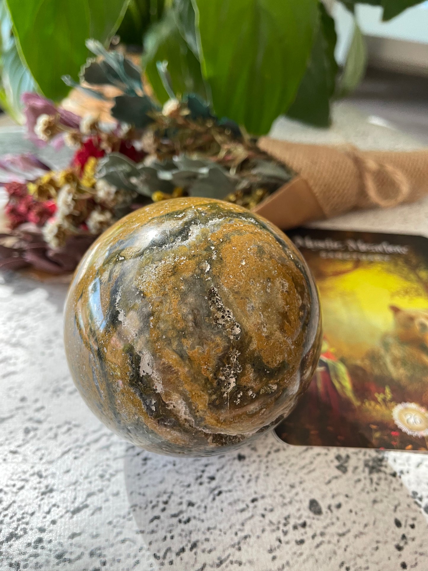 Ocean Jasper Druzy Sphere Includes Wooden Holder