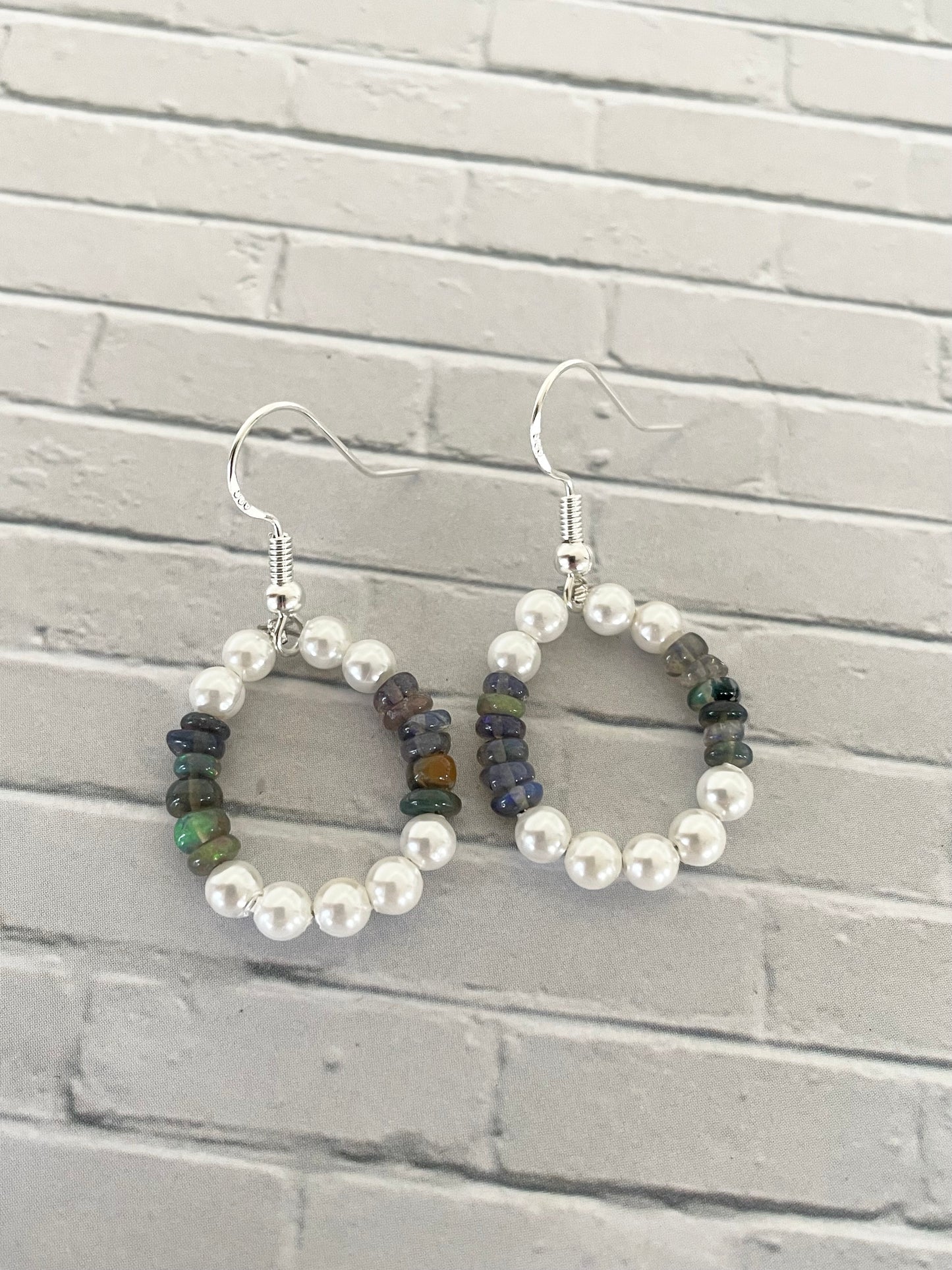 Ethiopian Opal & Pearl Silver Earrings - Handmade by Wayne