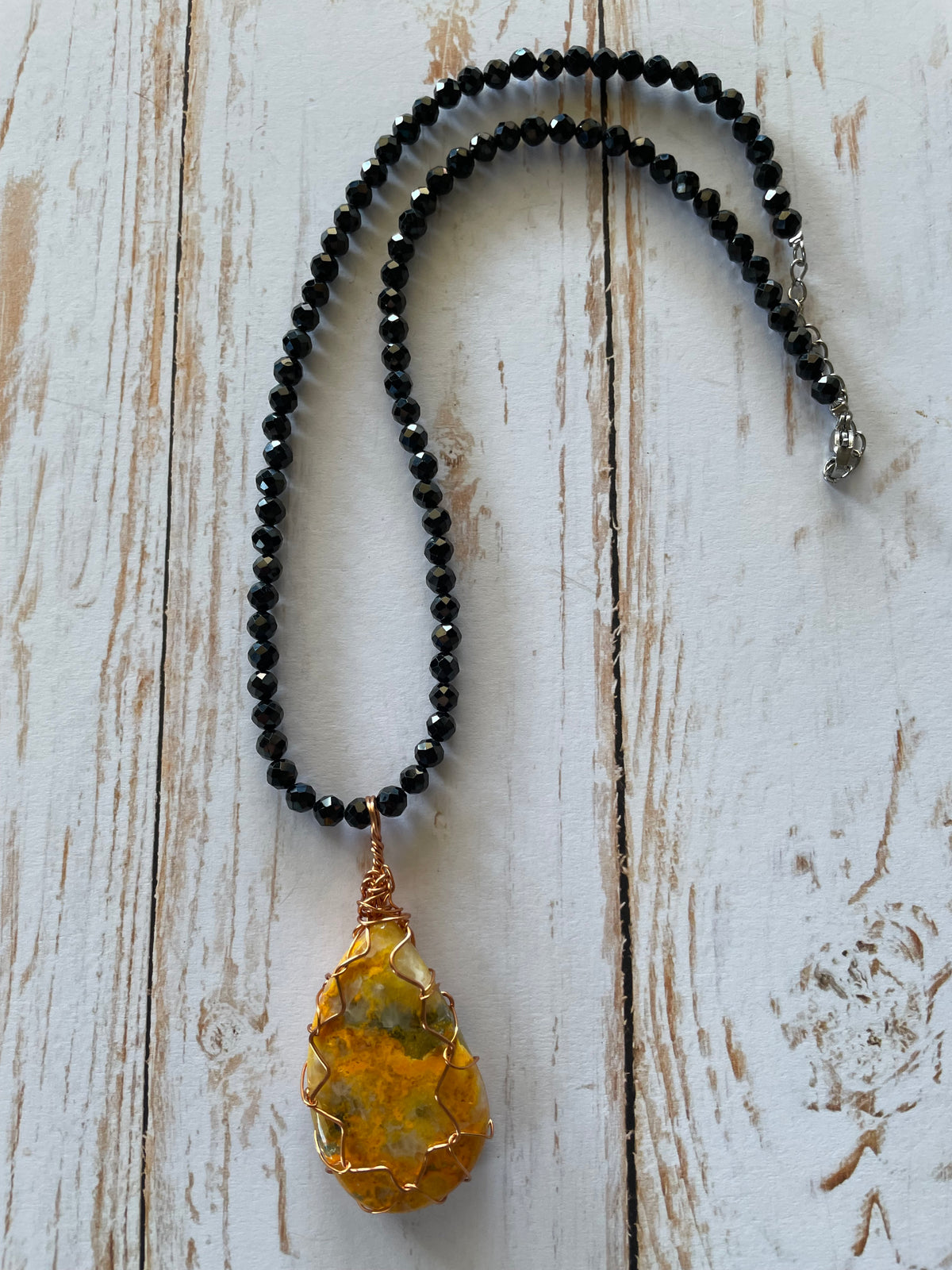 Bumble Bee Jasper & Black Spinal Wrapped Necklace