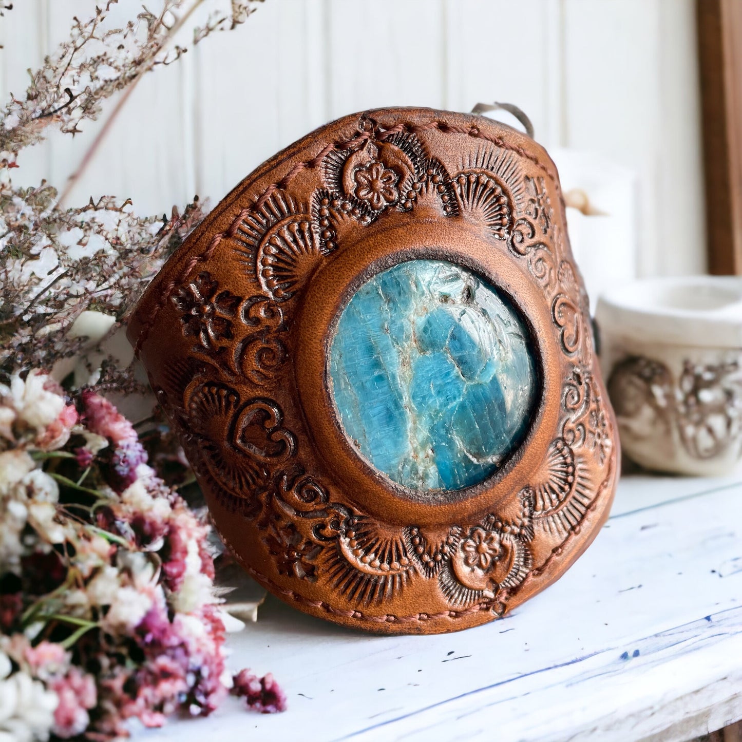 Leather Mandala Tan Cuff ~ Azurite