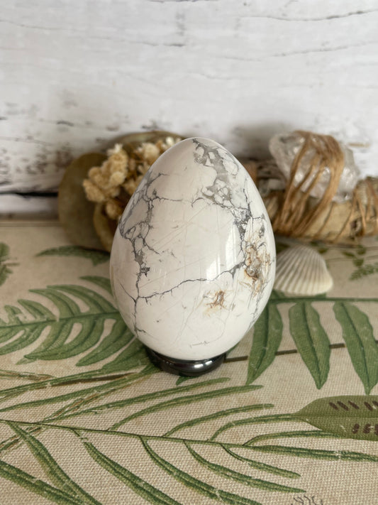 White Howlite Egg Includes Hematite Ring