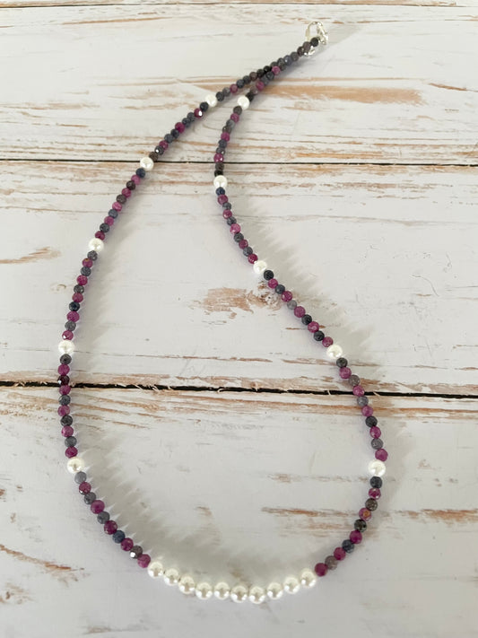 Red Corundum Sapphire & Pearl Faceted Necklace - Made by Wayne
