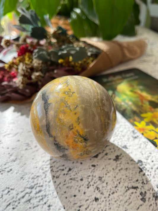 Bumble Bee Jasper Sphere Includes Wooden Holder