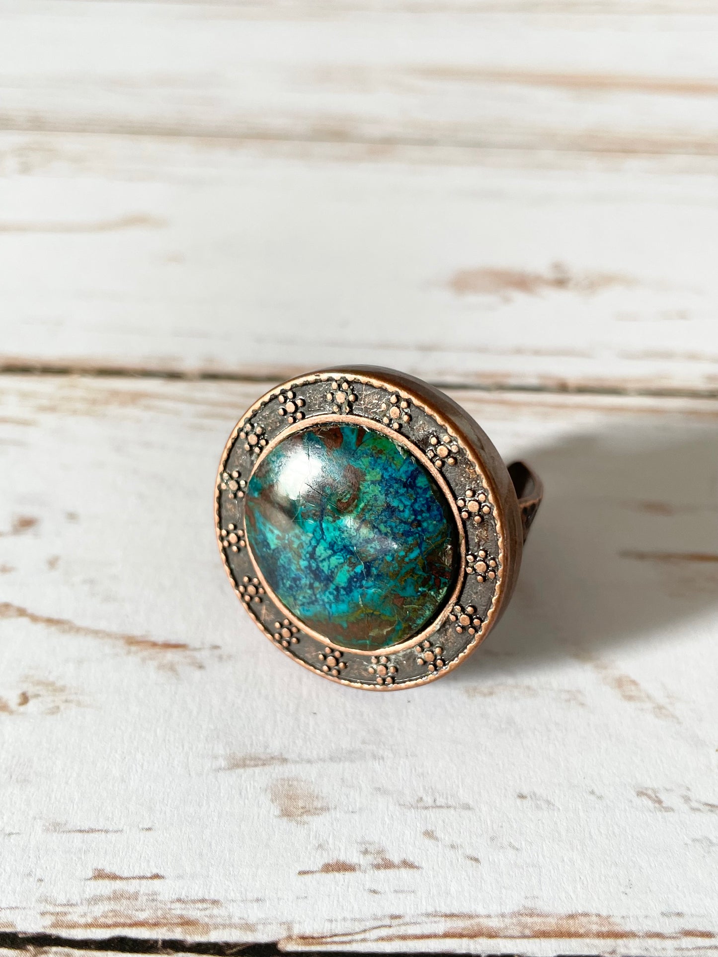 Copper Antiqued Ring ~ Azurite adjustable ring 6-10