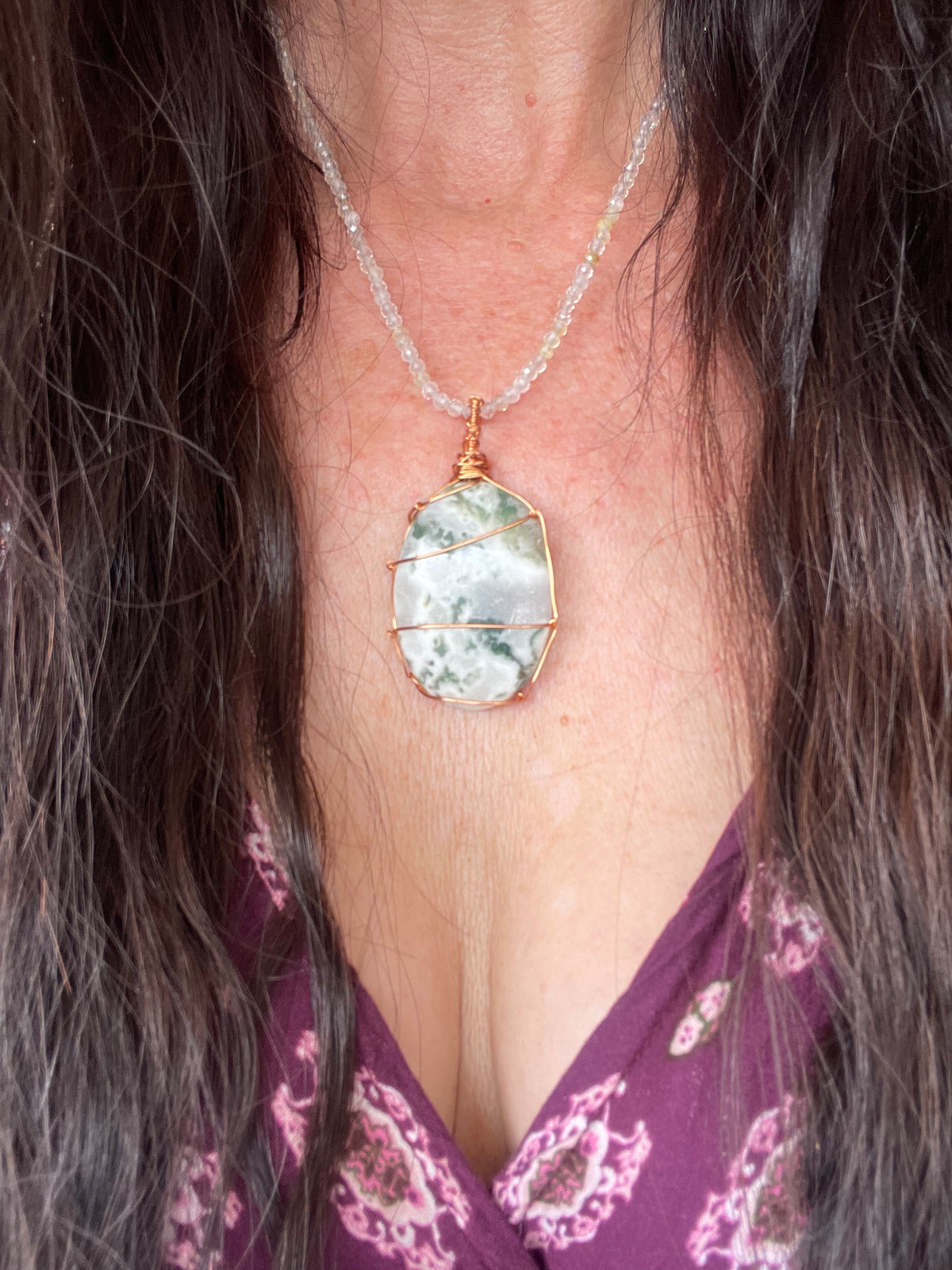Moss Agate & Golden Healer Wrapped Necklace