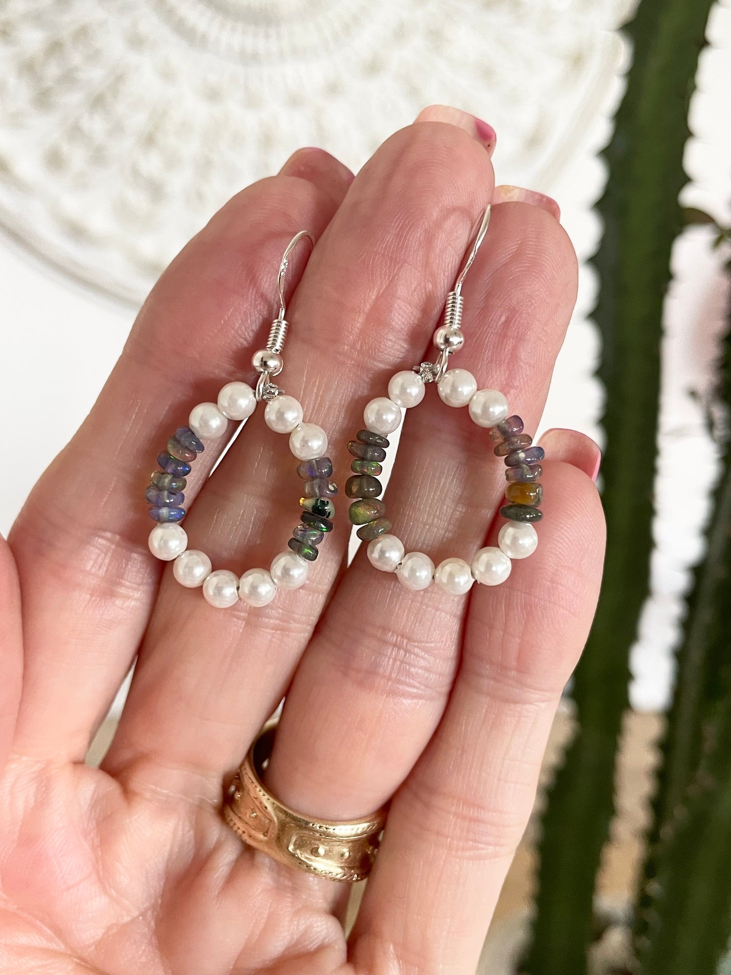 Ethiopian Opal & Pearl Silver Earrings - Handmade by Wayne