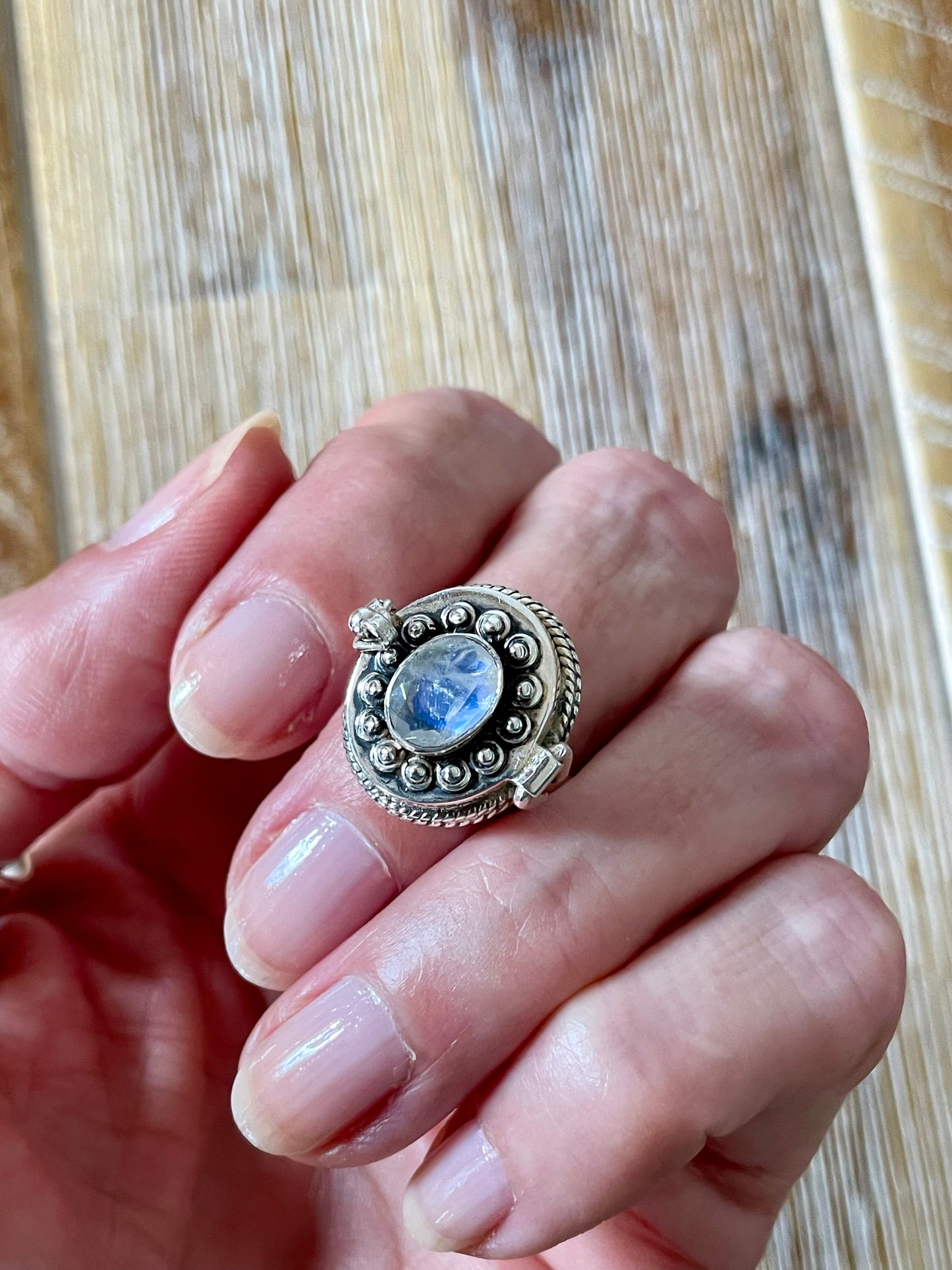 Rainbow Moonstone Poison Locket Ring ~ size 7.5