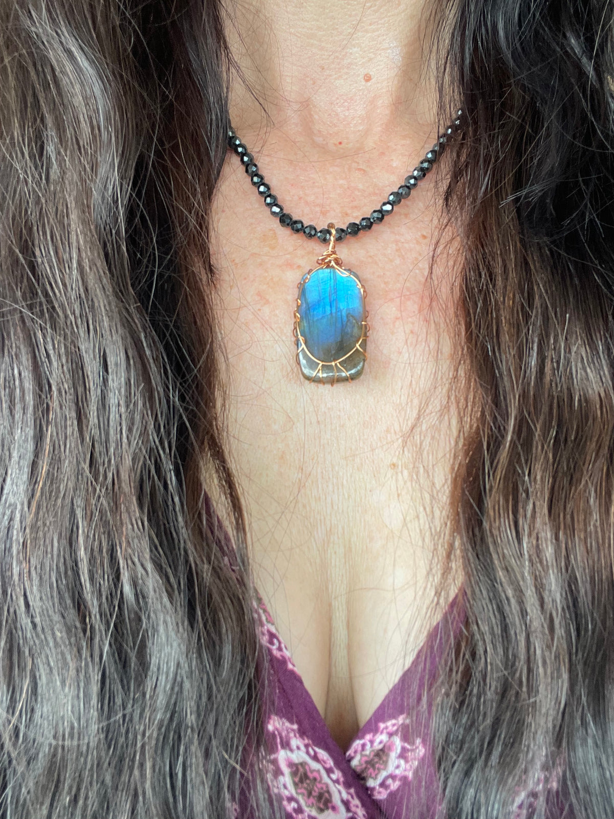 Labradorite & Black Spinal Wrapped Necklace