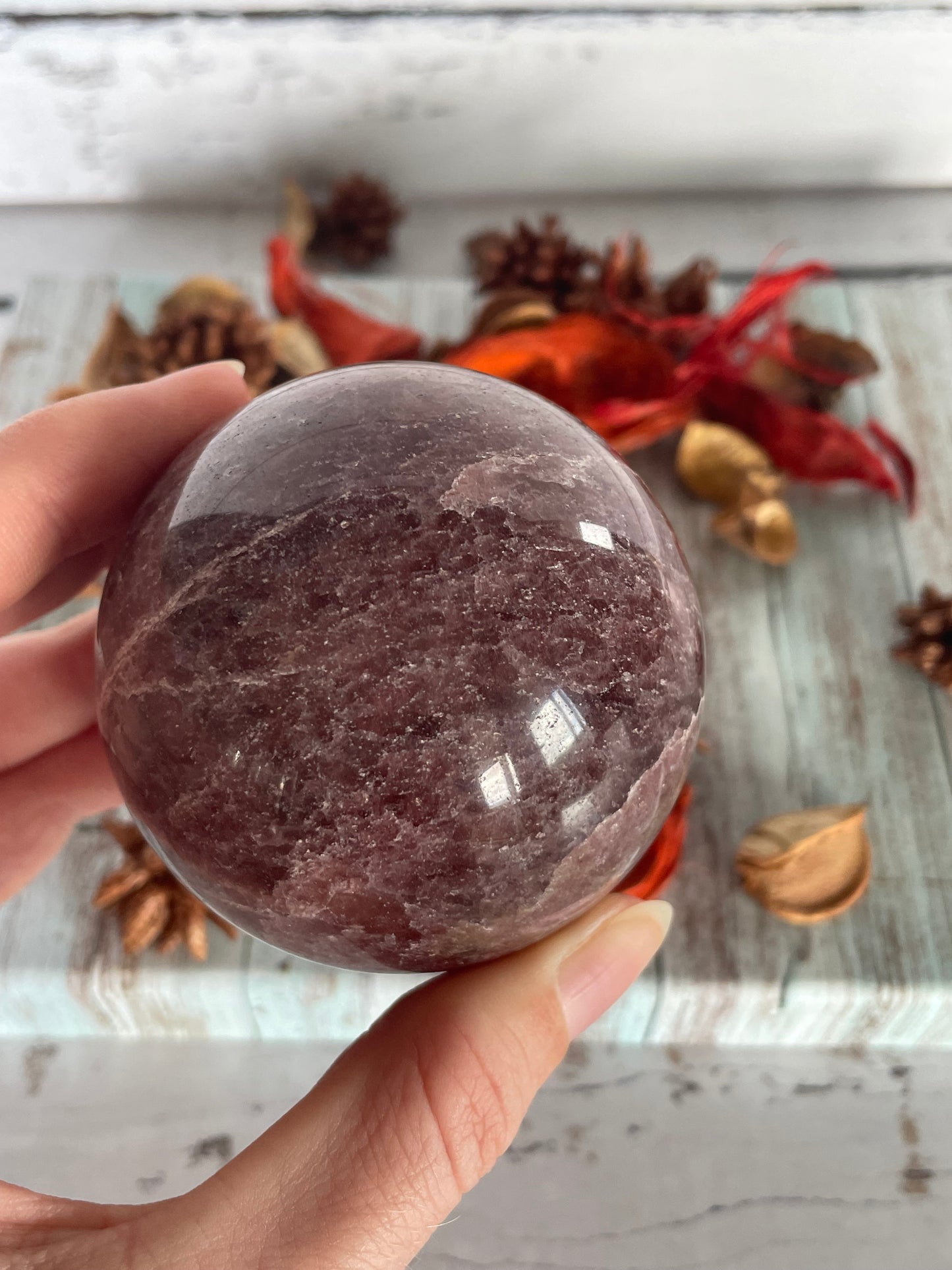 Strawberry Quartz Sphere Includes Wooden Holder