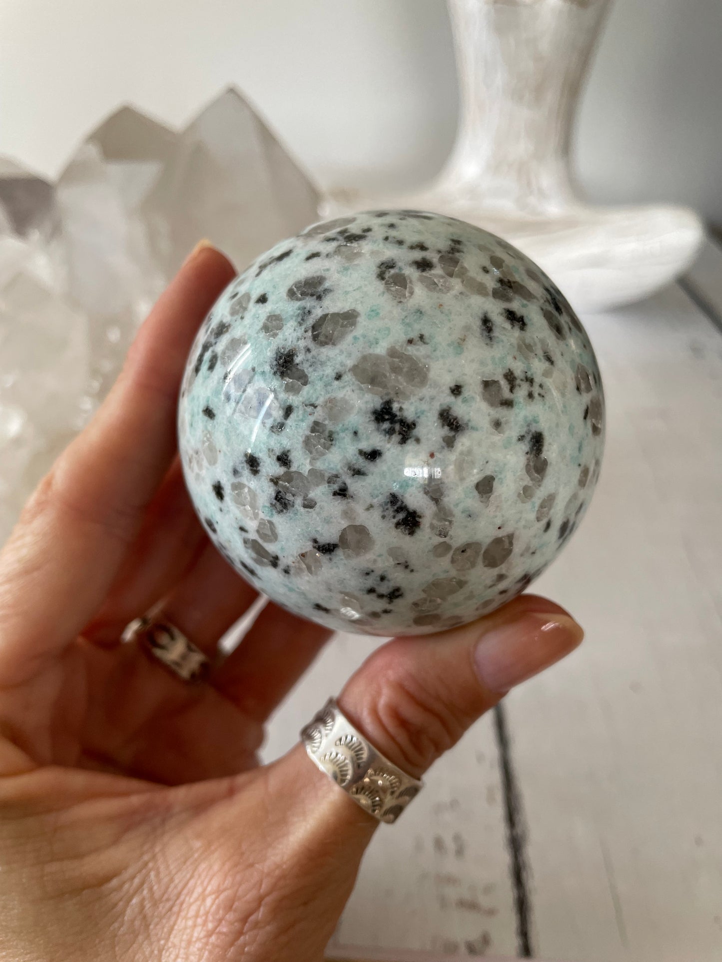 Kiwi Jasper Sphere Includes Wooden Holder