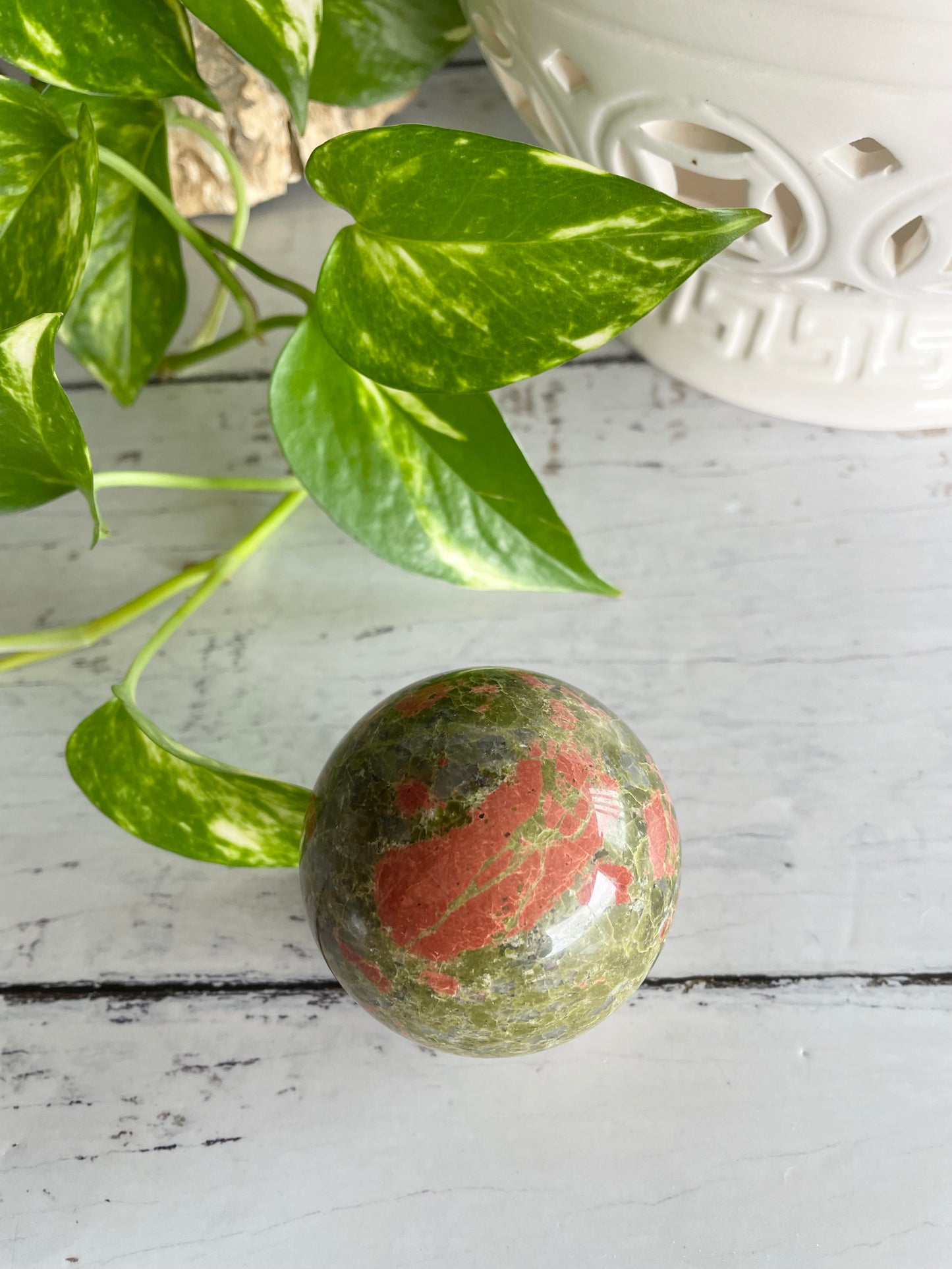 Unakite Sphere Includes Wooden Holder