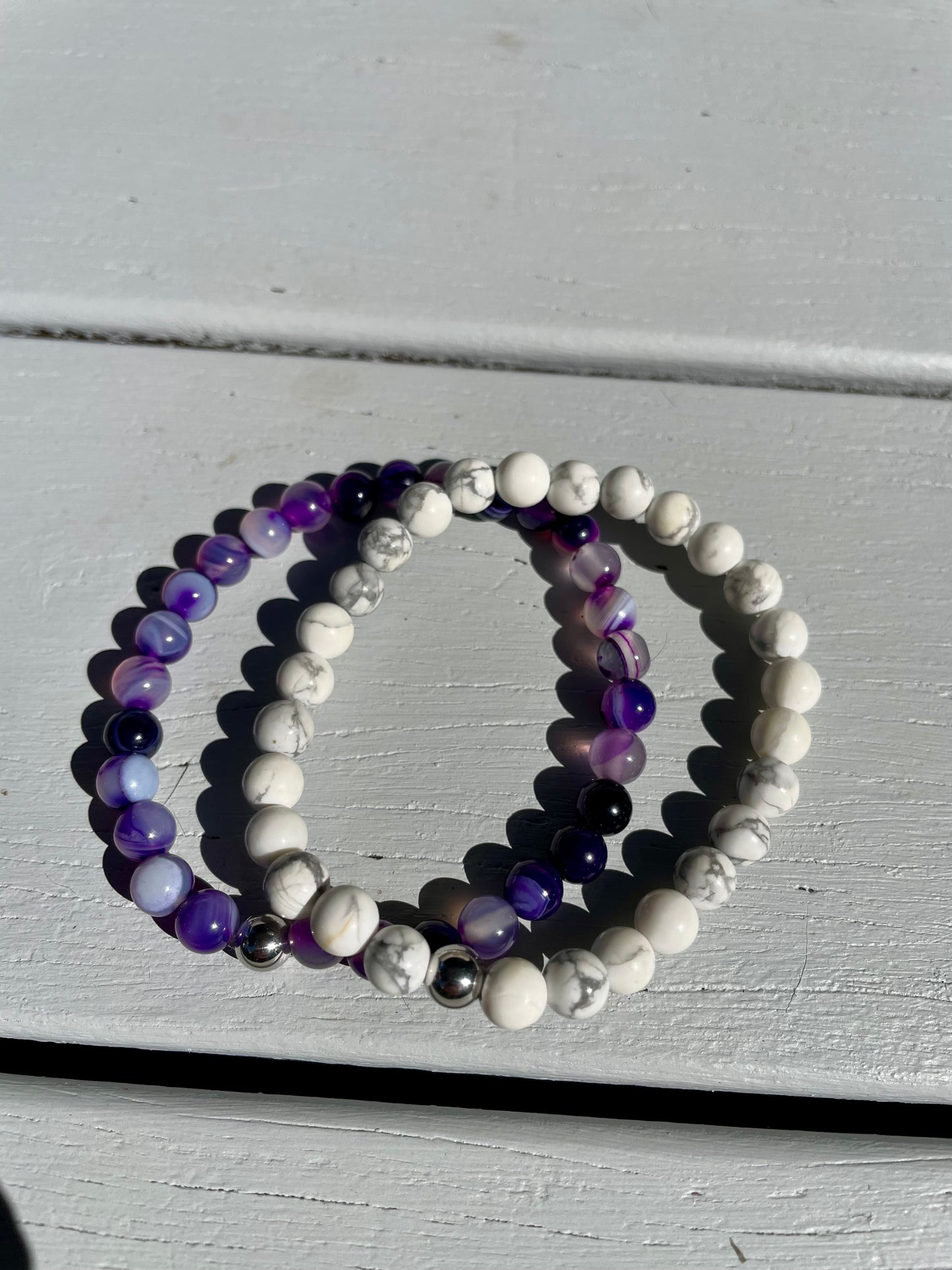 Double Stacker Bracelets - White Howlite/Purple Agate