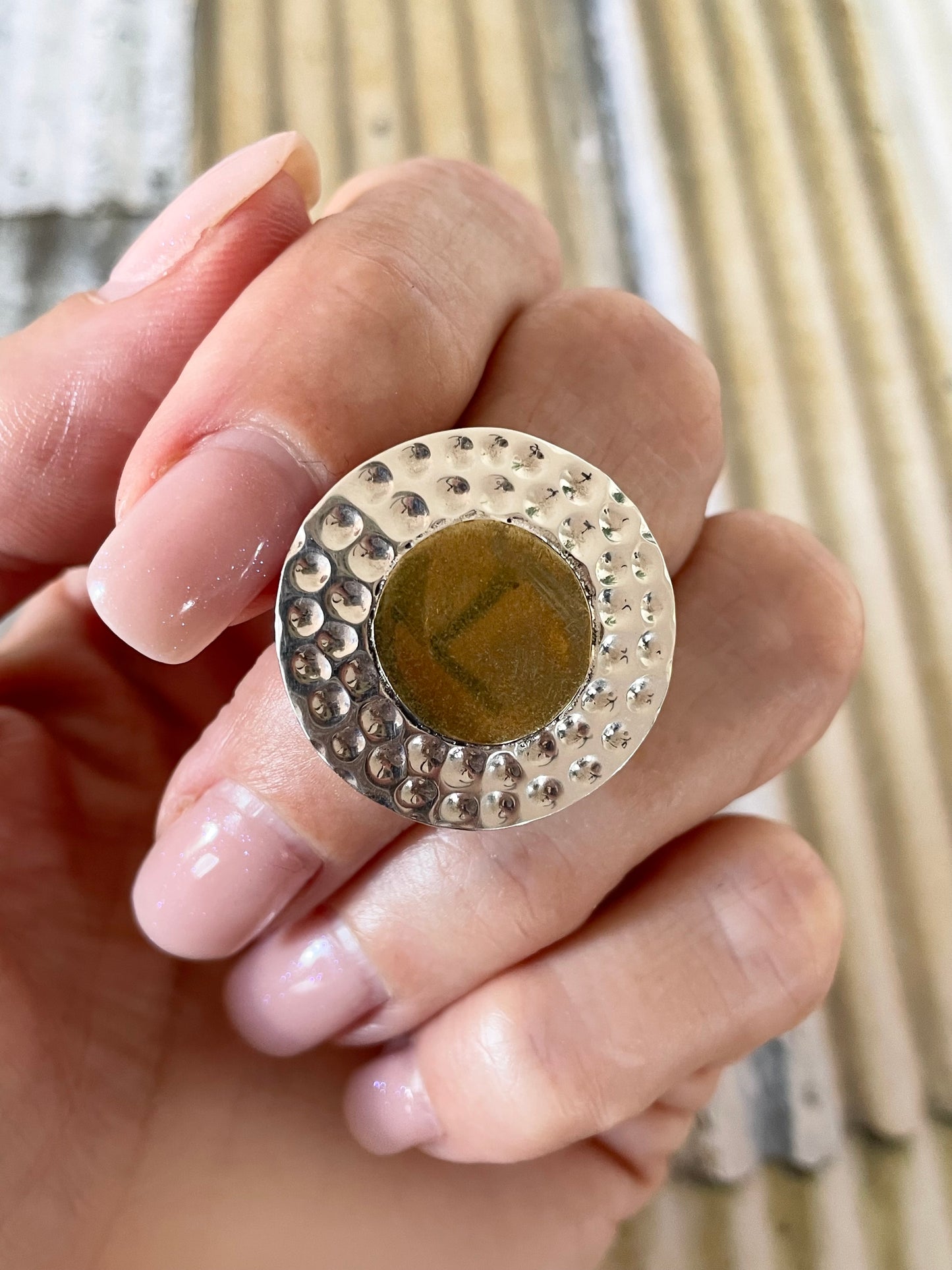 Mexican Silver Brass Hammered Ring - Size 8.5