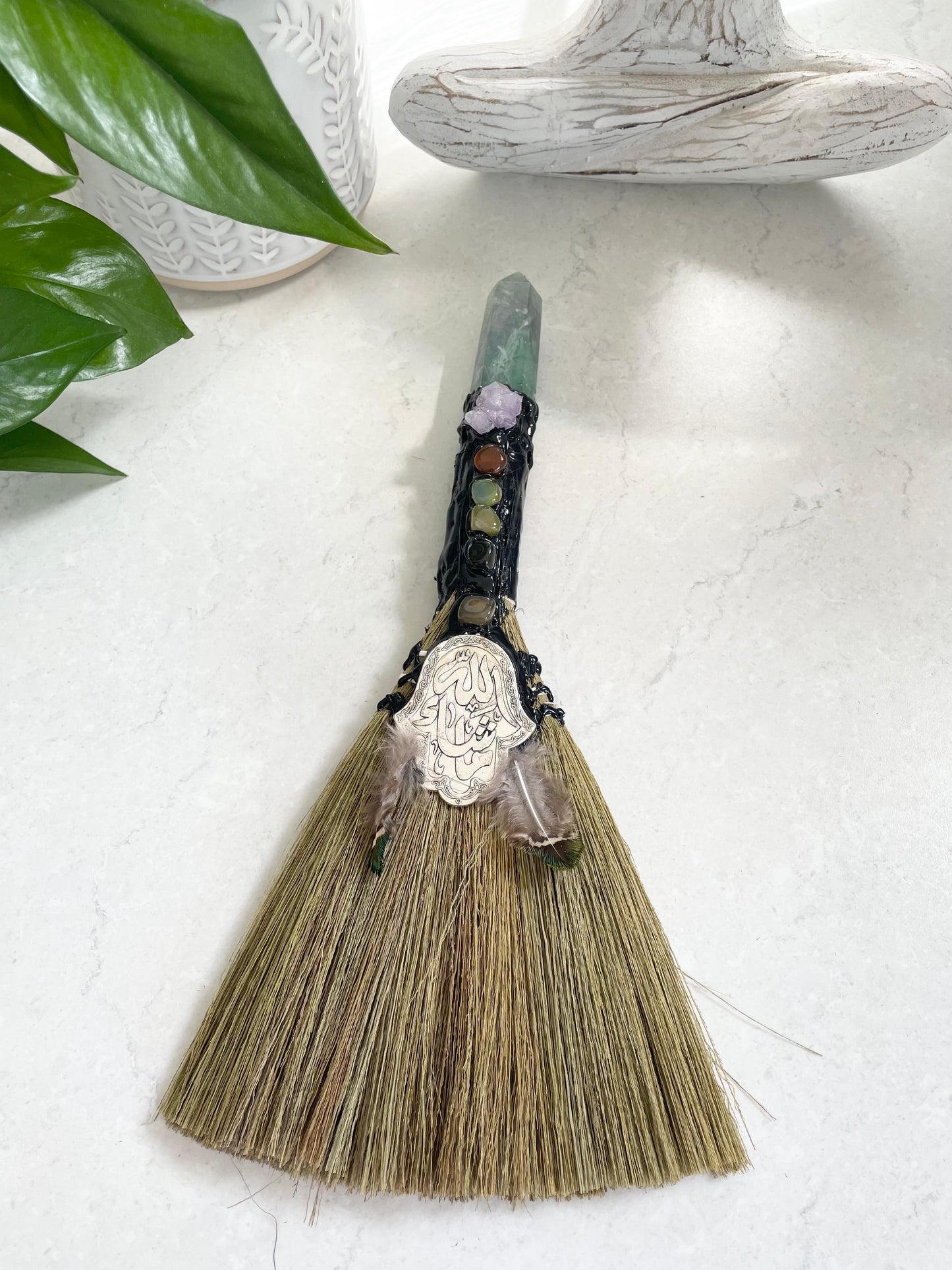 Crystal Feather Besom ~ Rainbow Fluorite