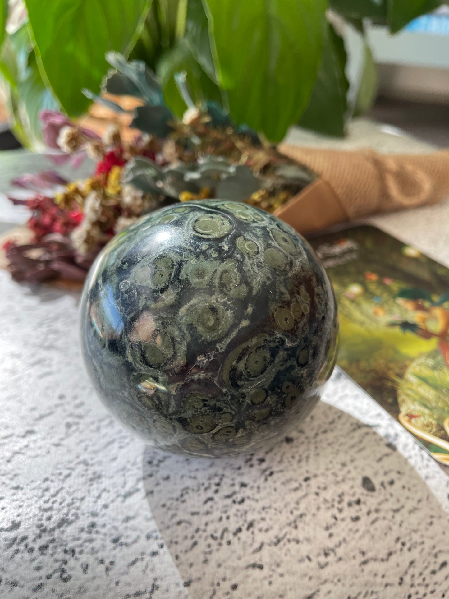 Kambaba Jasper Sphere Includes Wooden Holder