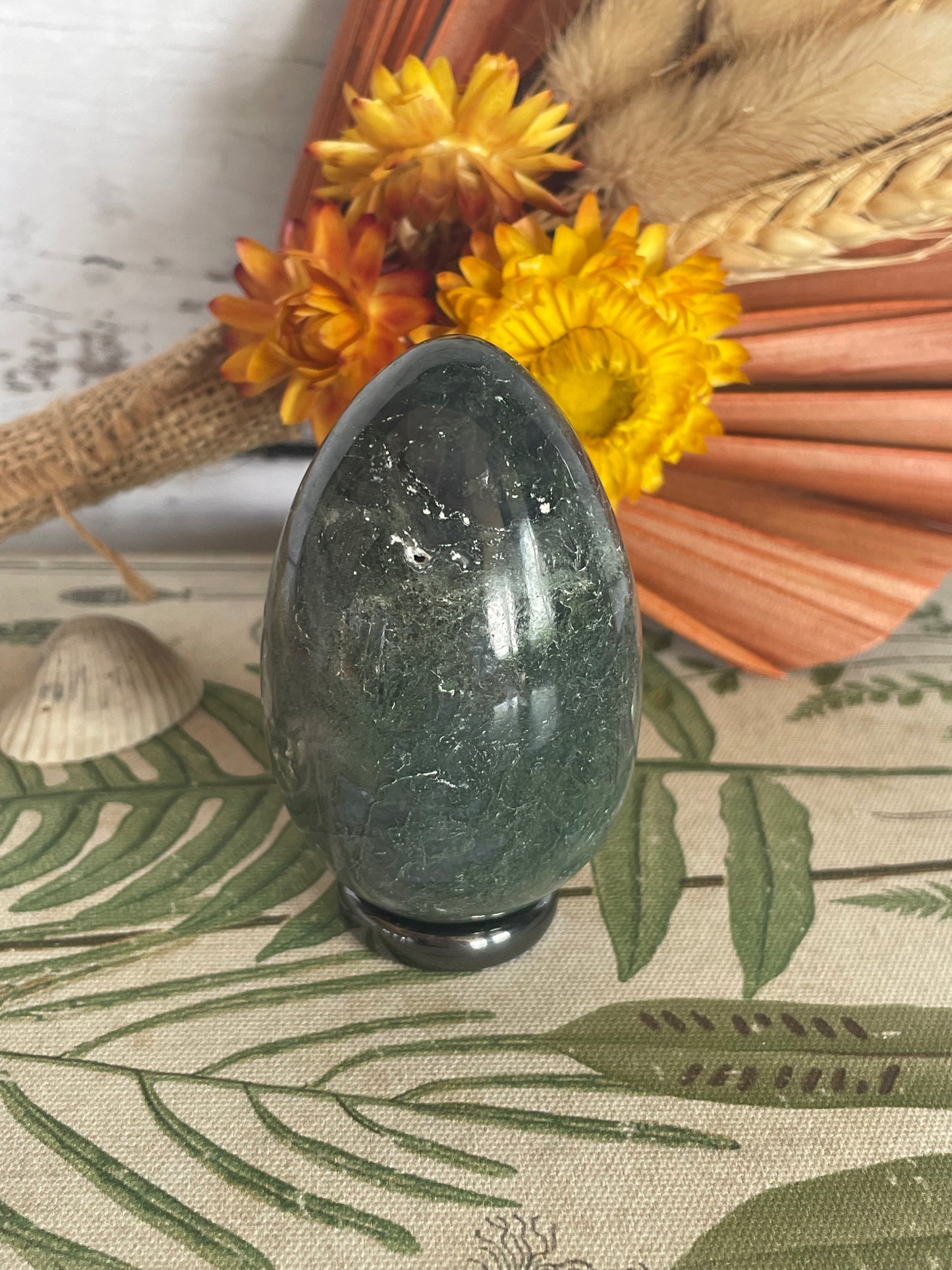 Moss Agate Egg Includes Hematite Ring