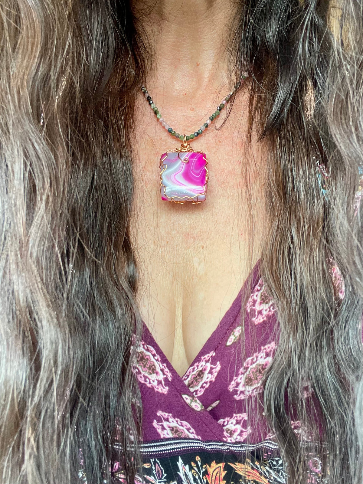 Pink Agate & Multi Tourmaline Wrapped Necklace