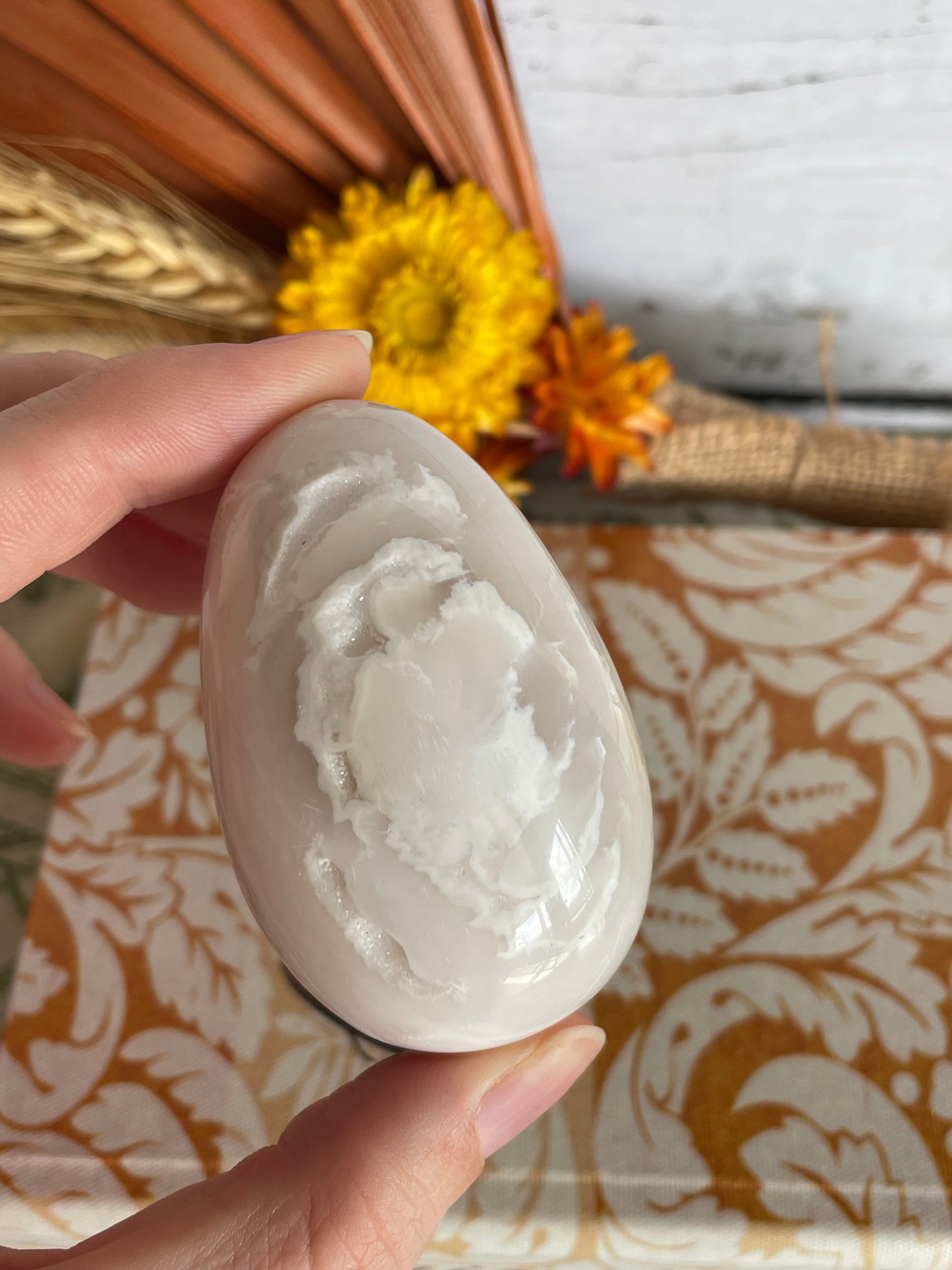 Snow Agate Egg Includes Hematite Ring