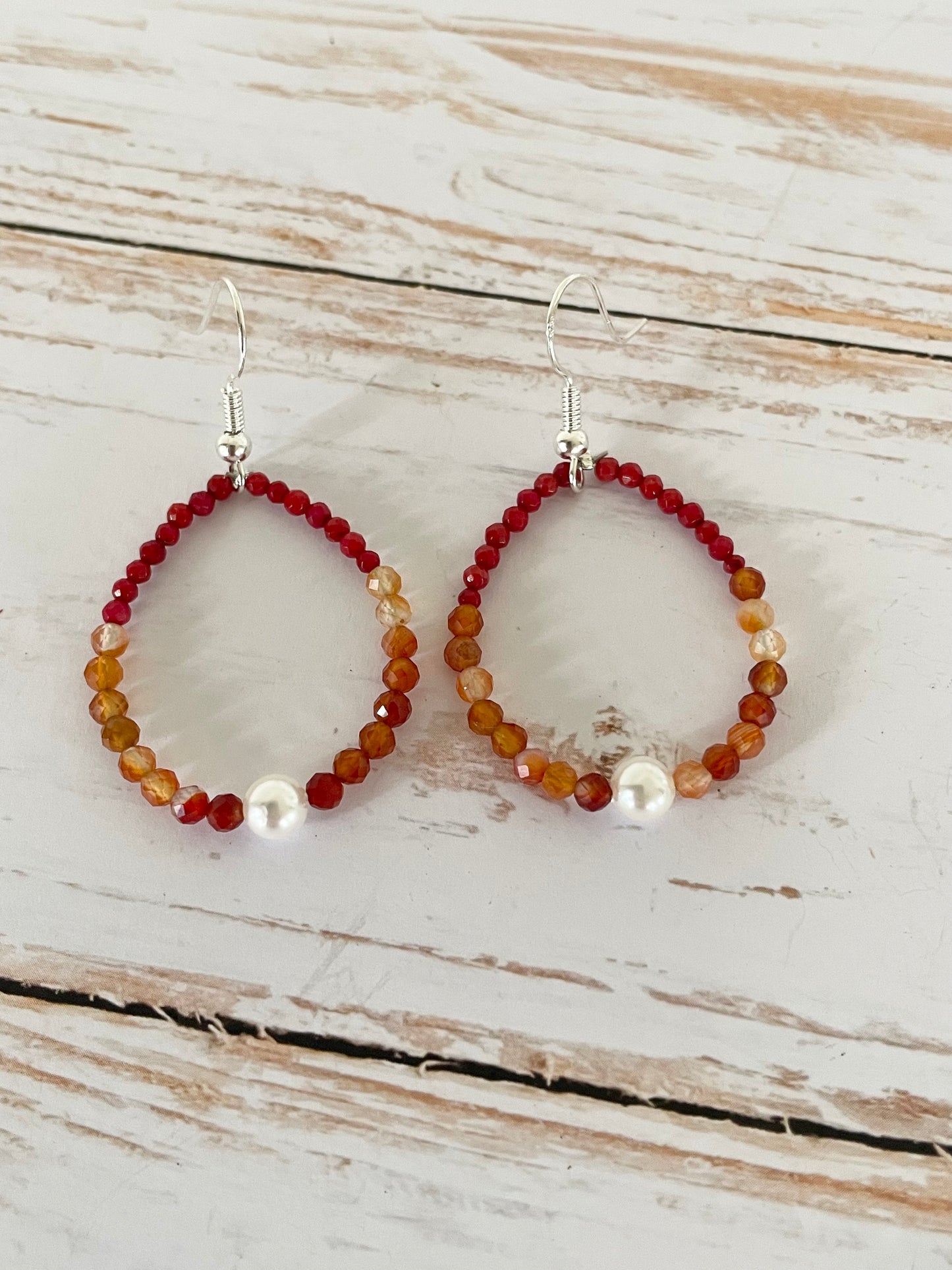 Faceted Red Coral, Carnelian & Pearl Earrings - handmade by Wayne