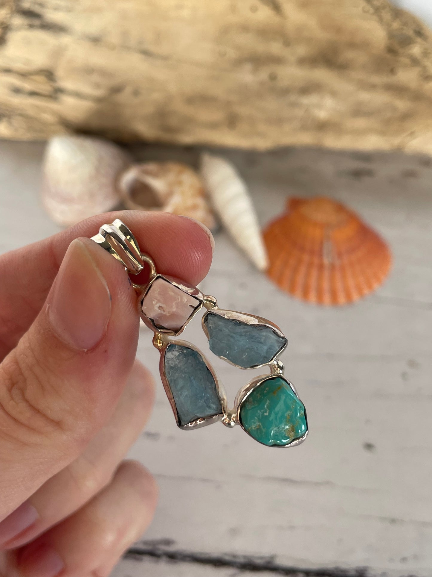 Aquamarine, Turquoise & Pink Opal Silver Pendant