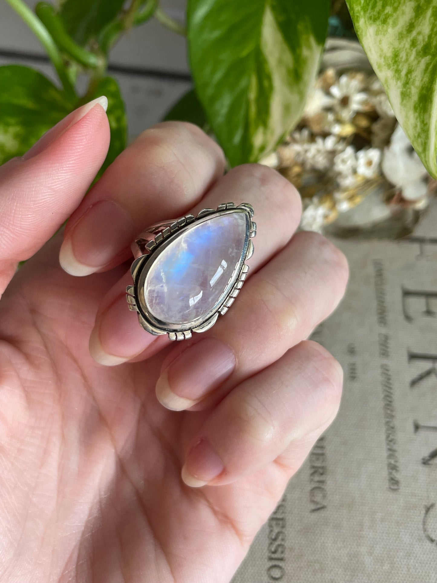 Rainbow Moonstone Silver Ring