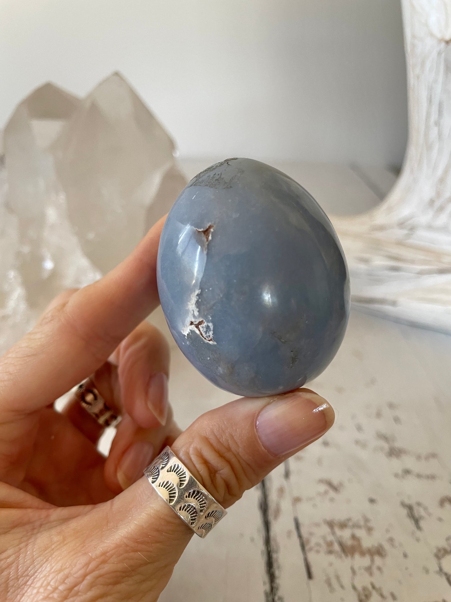 Angelite Egg Includes Hematite Ring