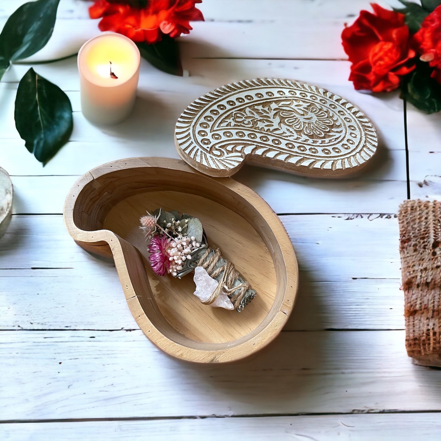 Wooden Trinket Box ~ Paisley whitewash