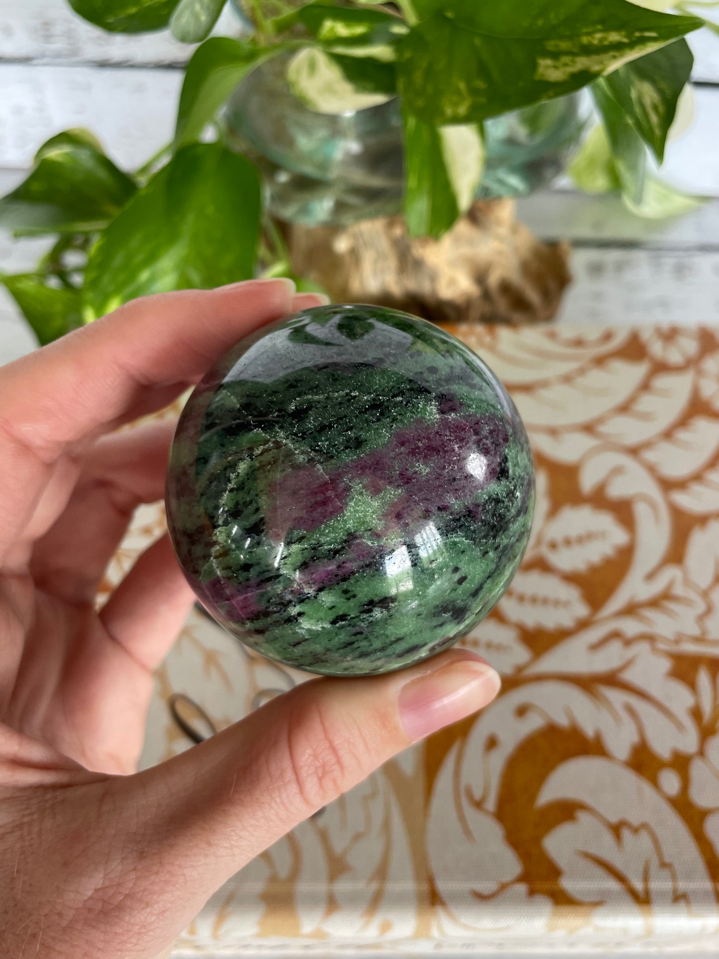 Ruby Zoisite Sphere Includes Wooden Holder