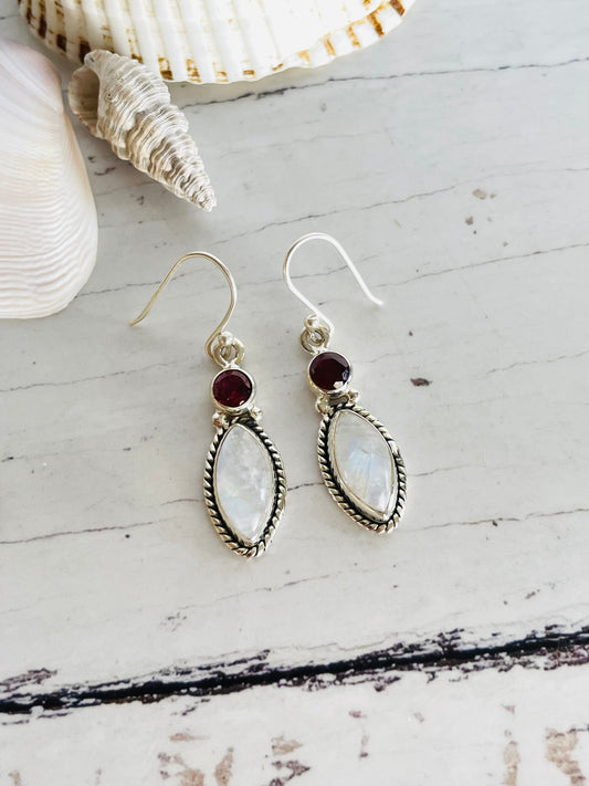 Rainbow Moonstone & Garnet Dangles