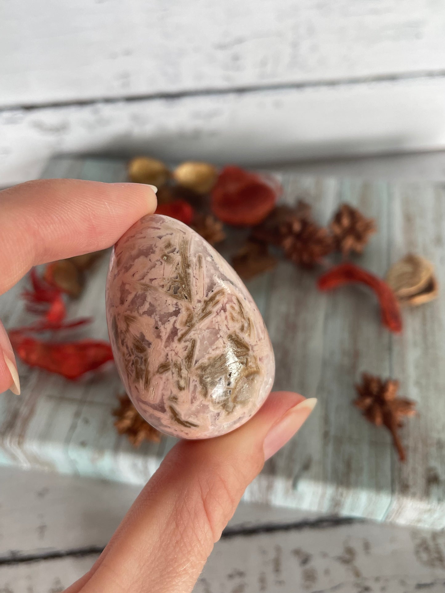 Rhodochrosite Egg Includes Hematite Ring