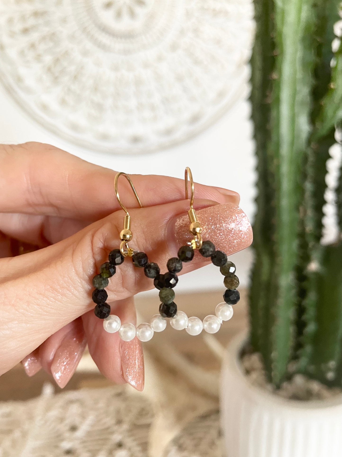 Green Tourmaline & Pearl Faceted Earrings - Made by Wayne