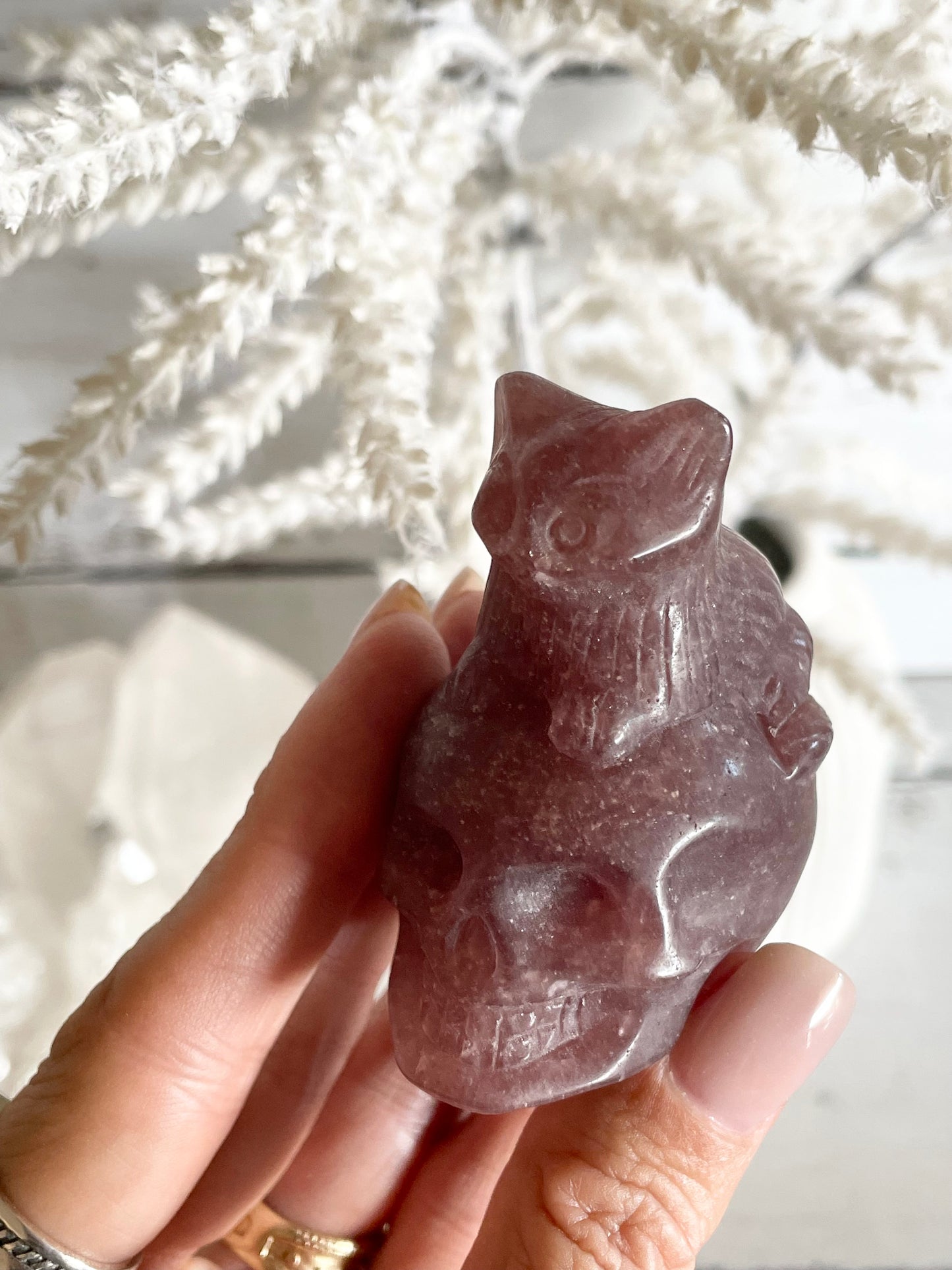 Strawberry Quartz Cat on Skull
