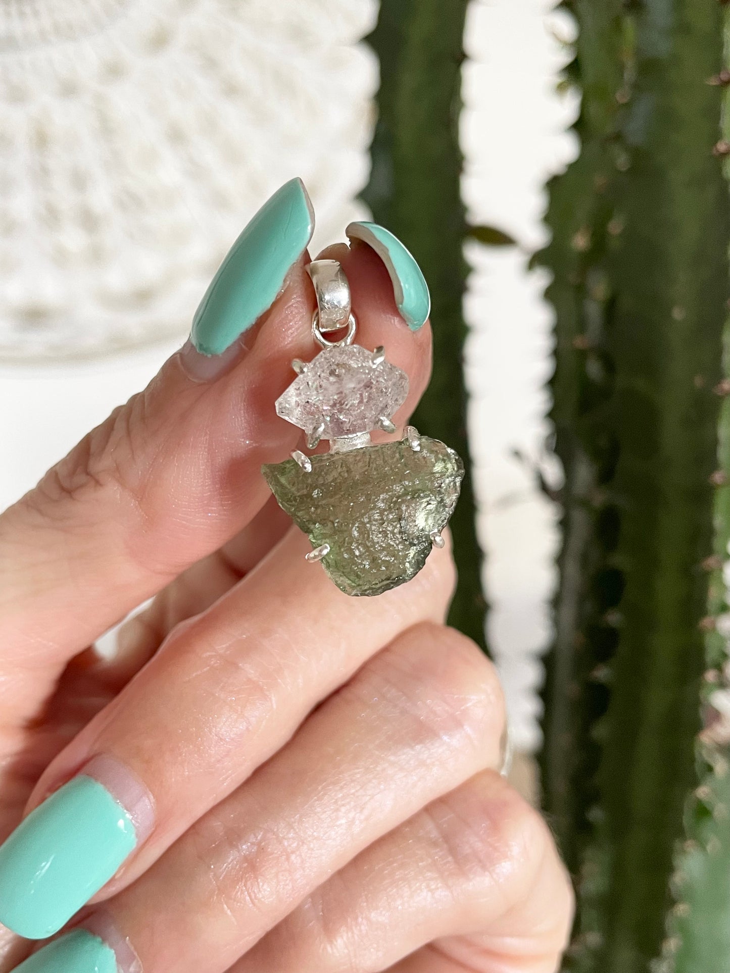 Moldavite & Herkimer Pendant