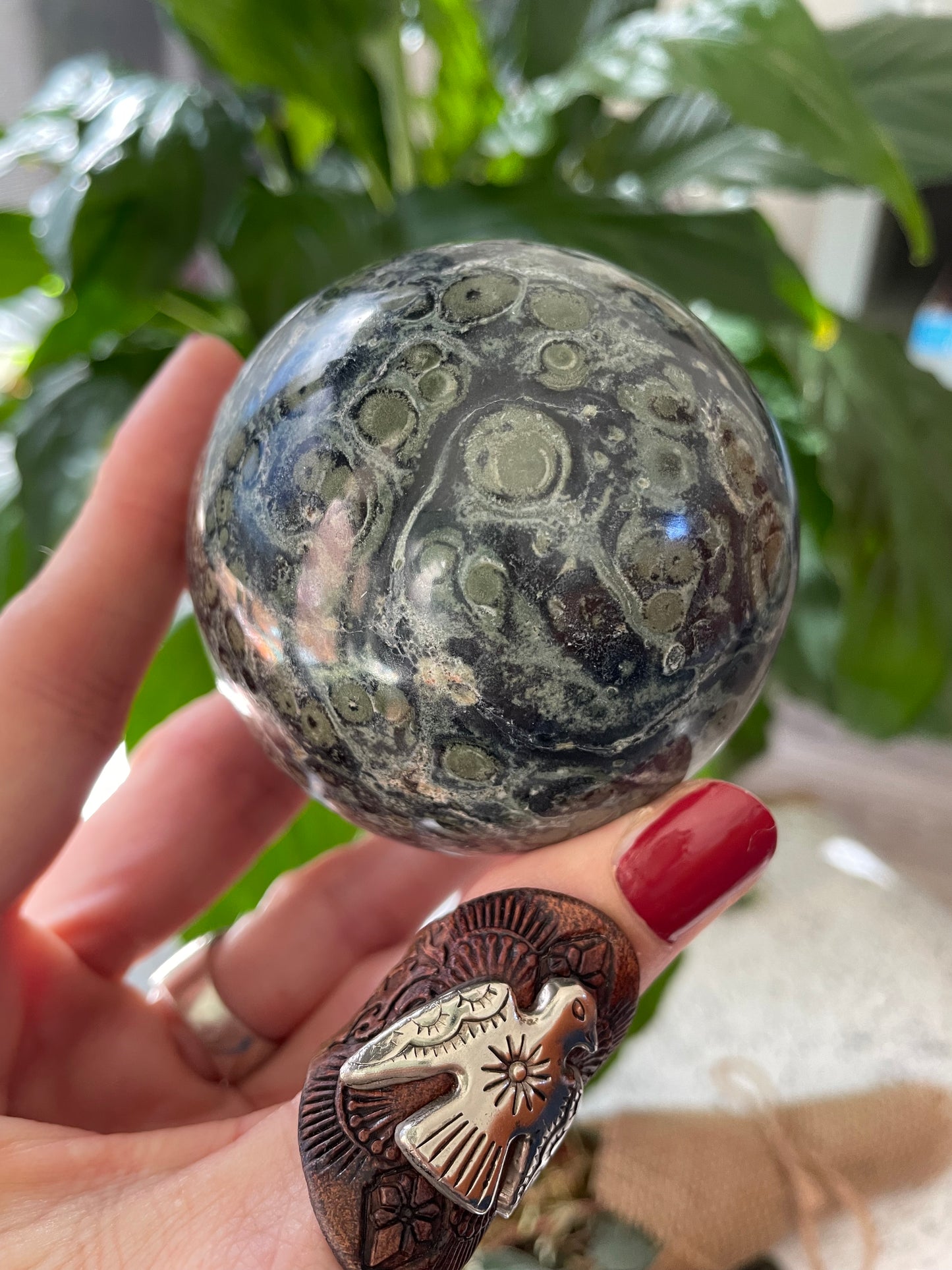 Kambaba Jasper Sphere Includes Wooden Holder