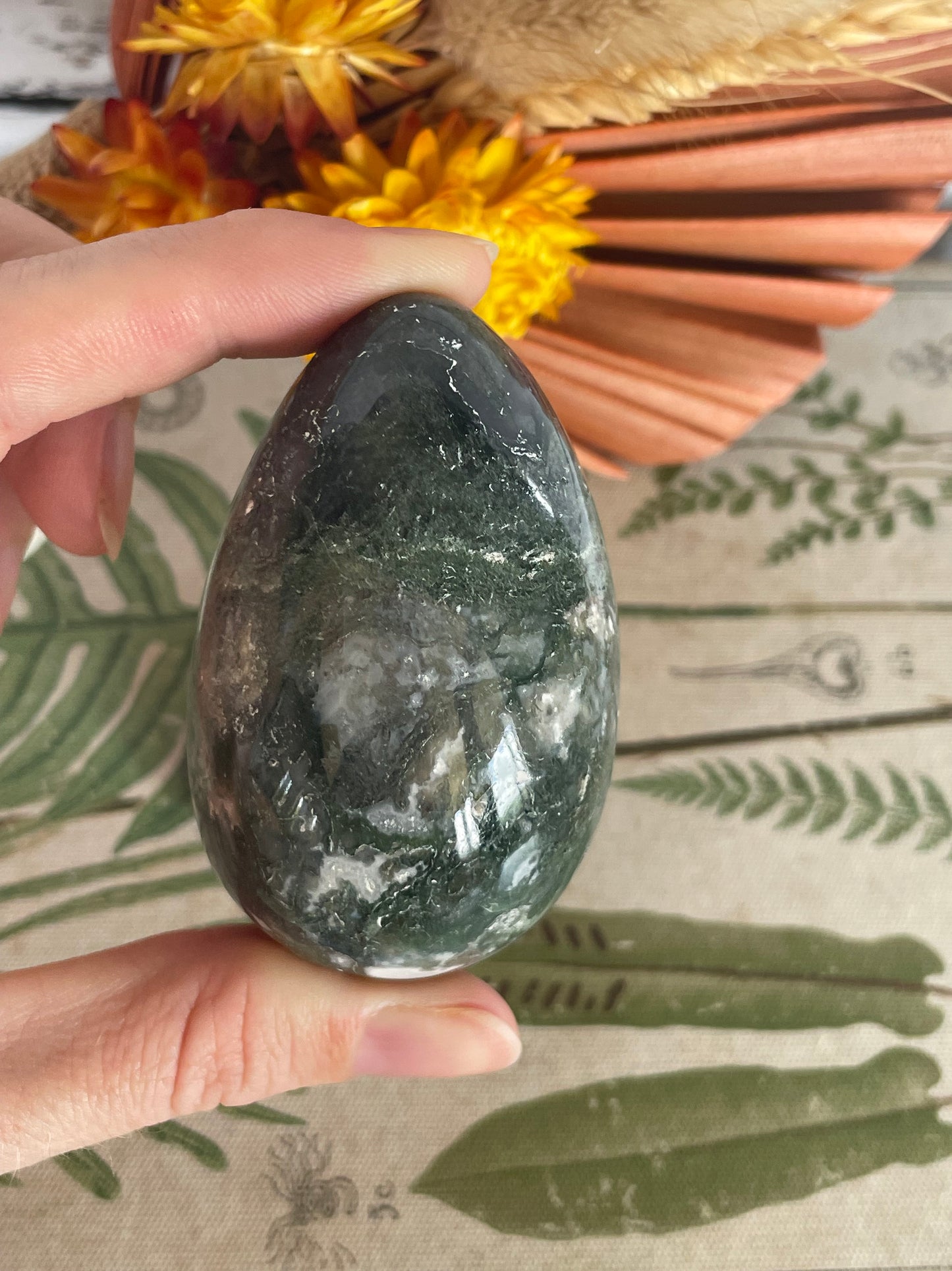 Moss Agate Egg Includes Hematite Ring