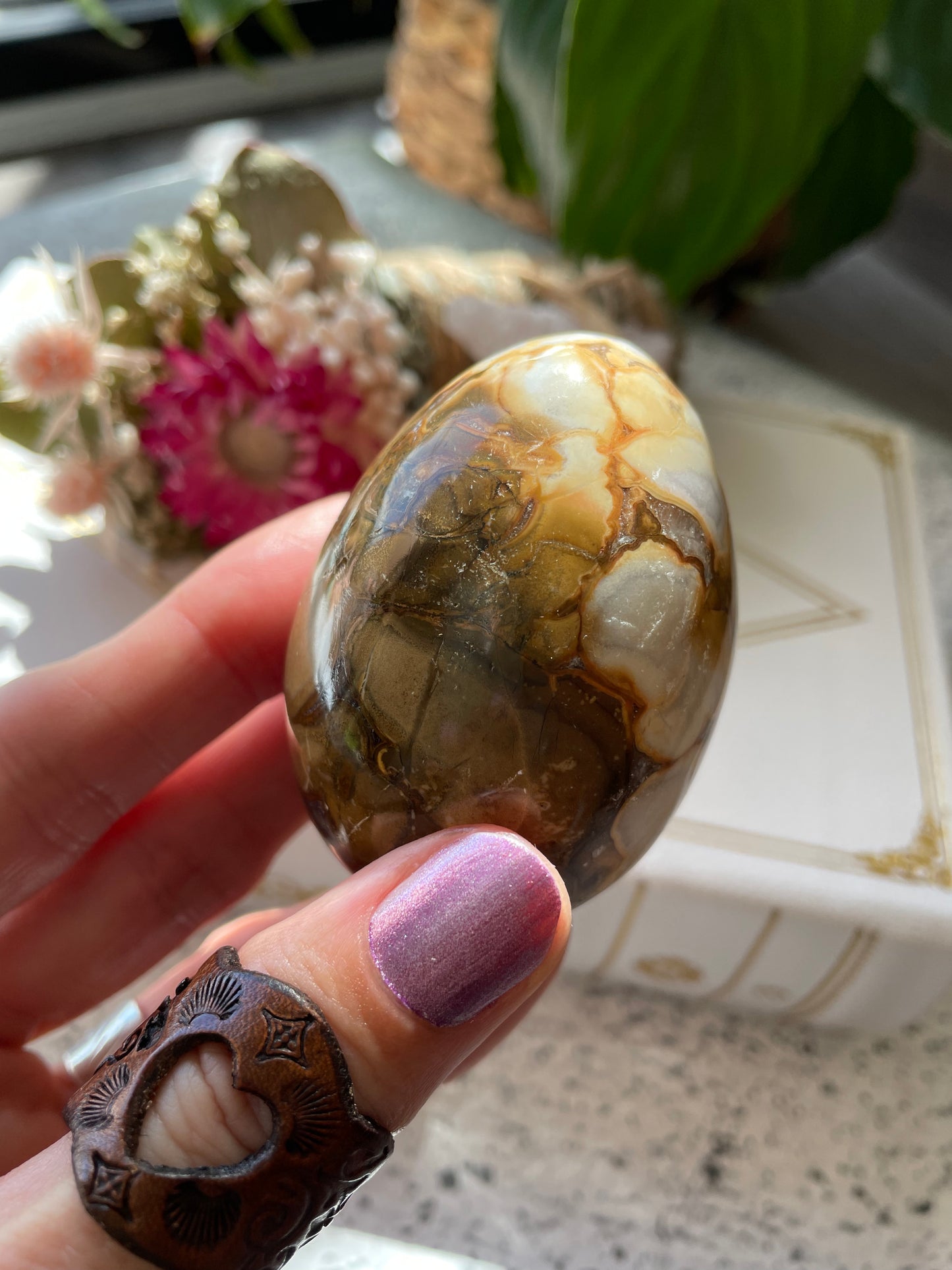 Spotted Agate Egg Includes Hematite Ring