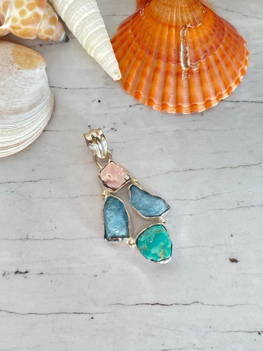 Aquamarine, Turquoise & Pink Opal Silver Pendant