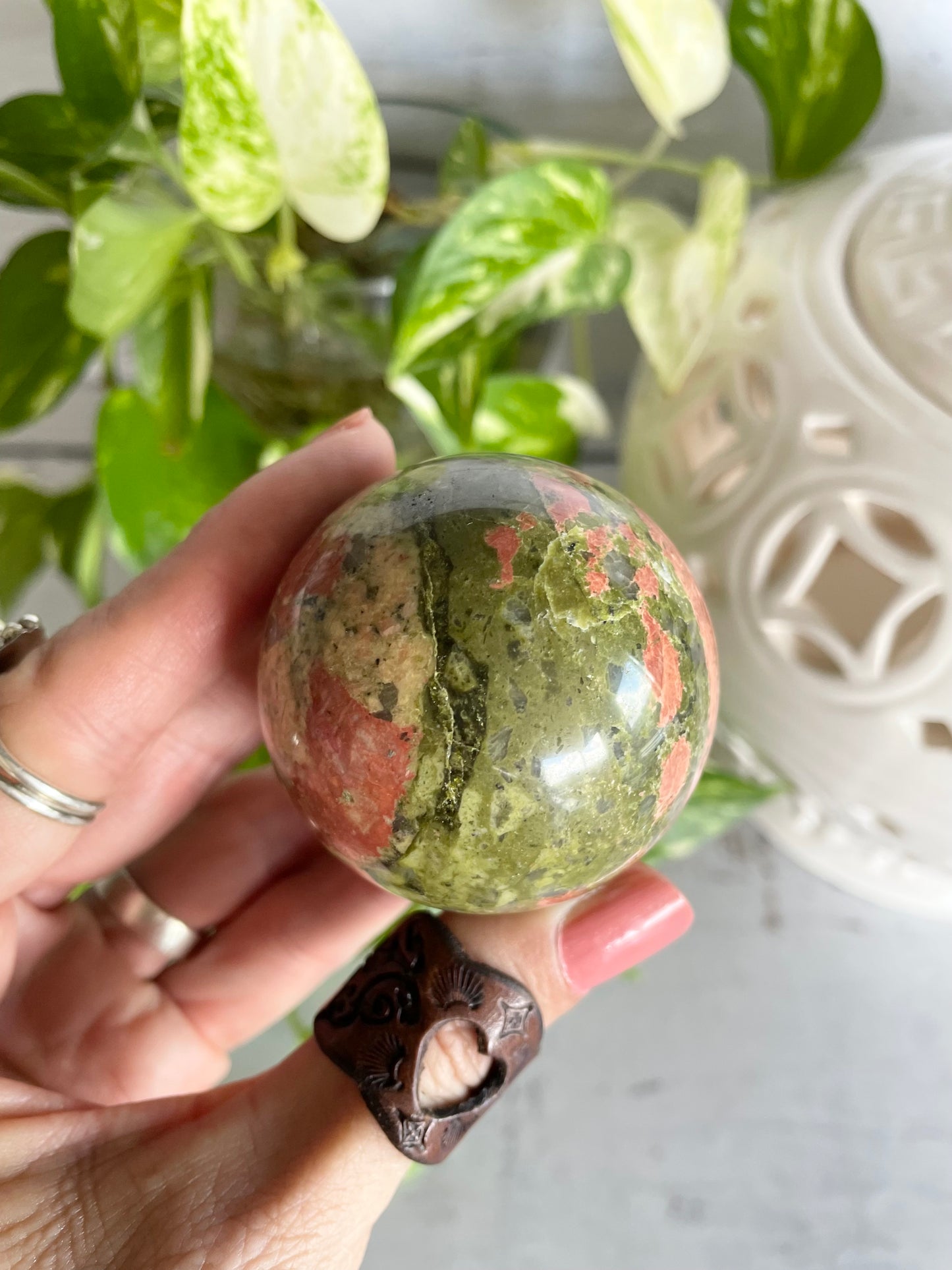 Unakite Sphere Includes Wooden Holder