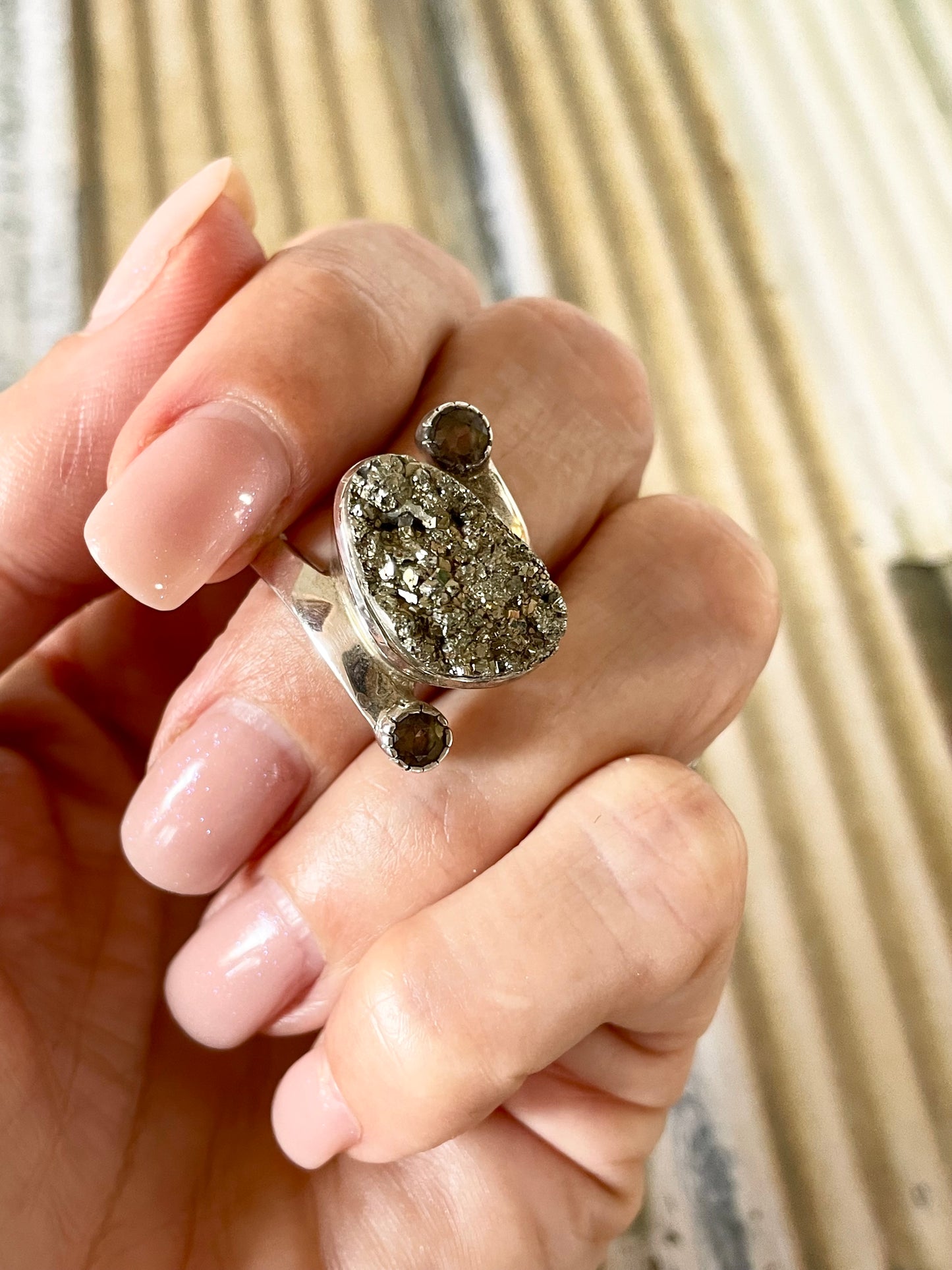 Raw Pyrite & Smoky Qtz Ring - Size 10