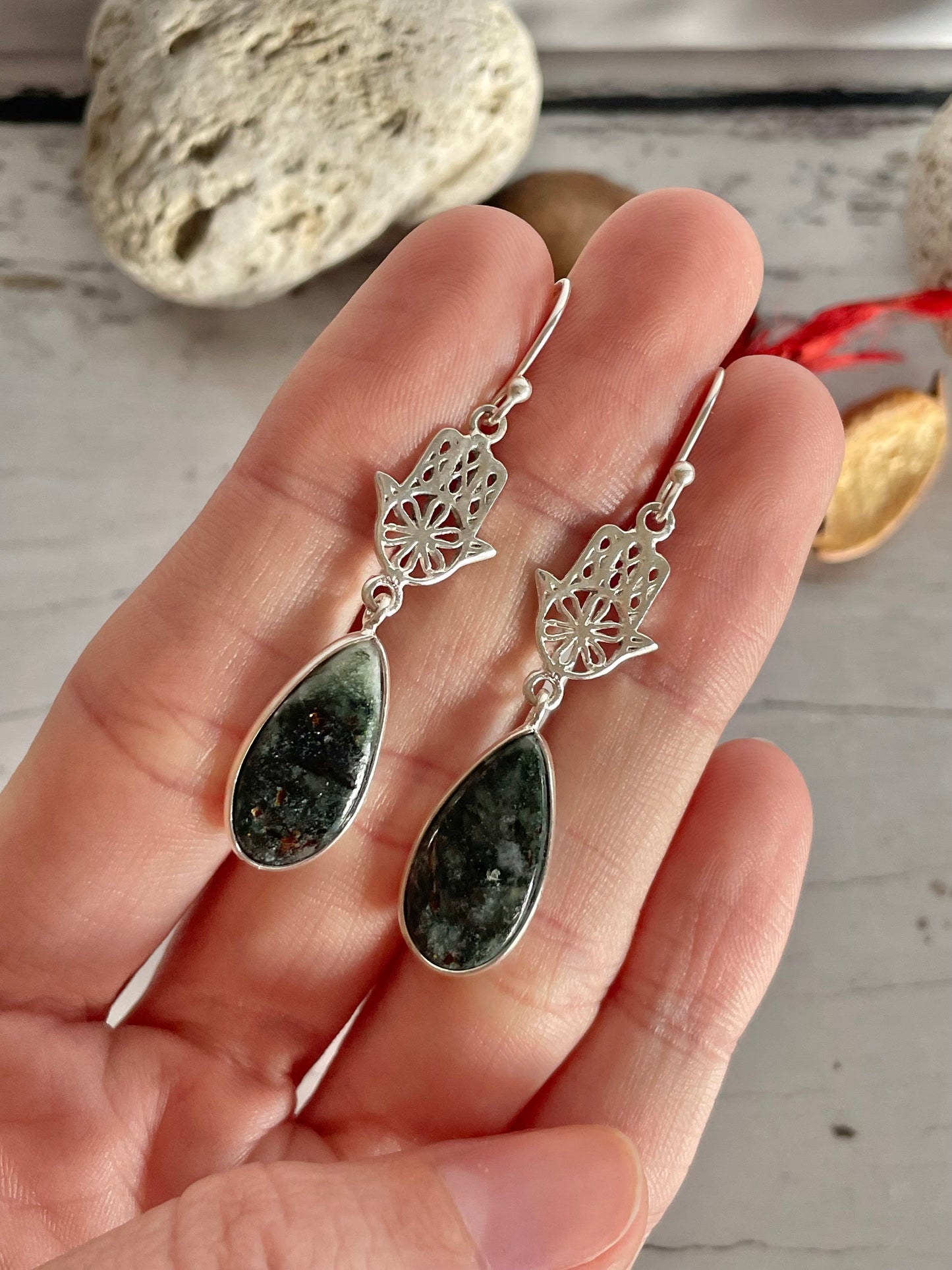 Moss Agate Silver ~ Hamsa Hand