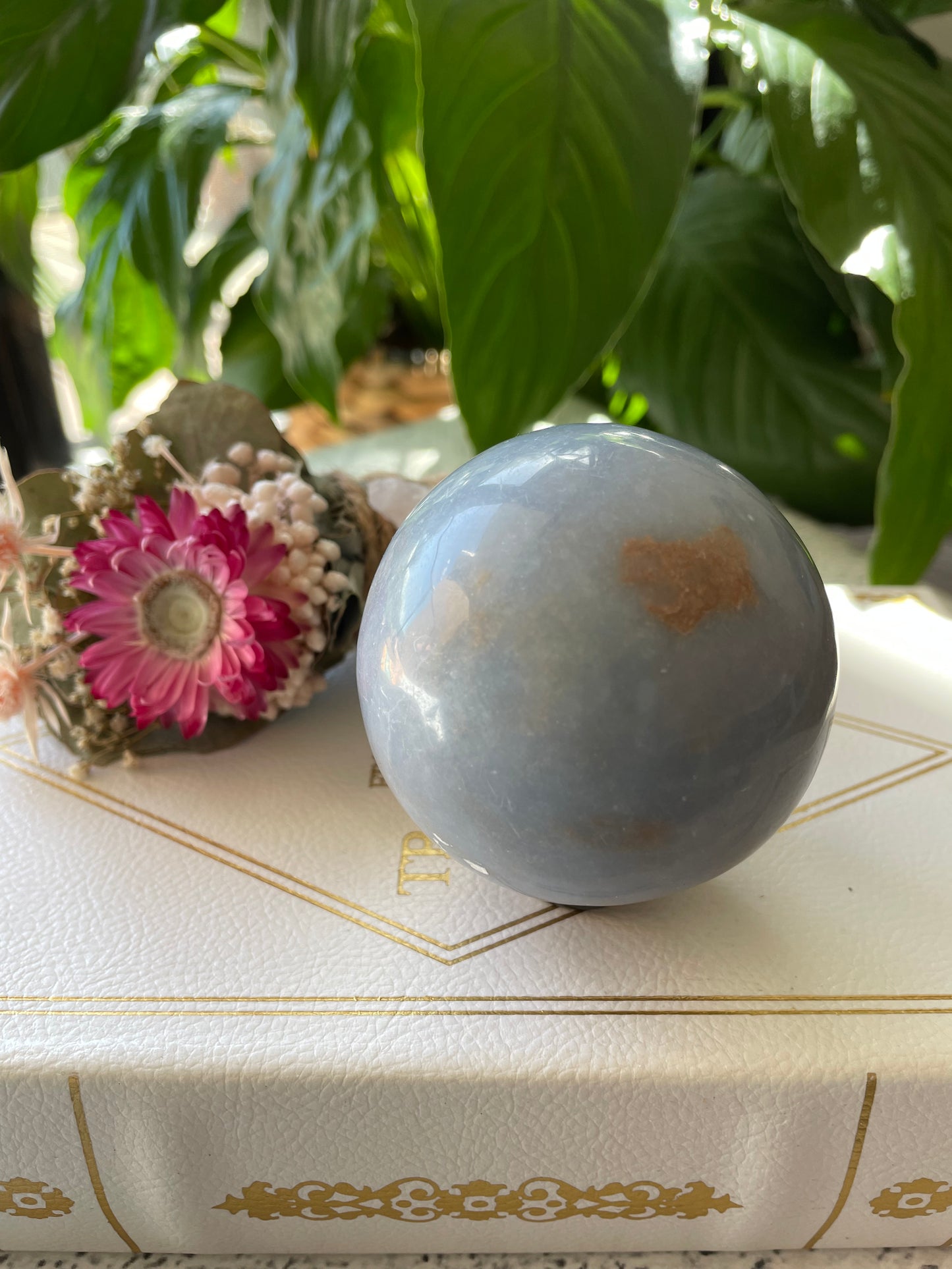 Angelite Sphere Includes Wooden Holder