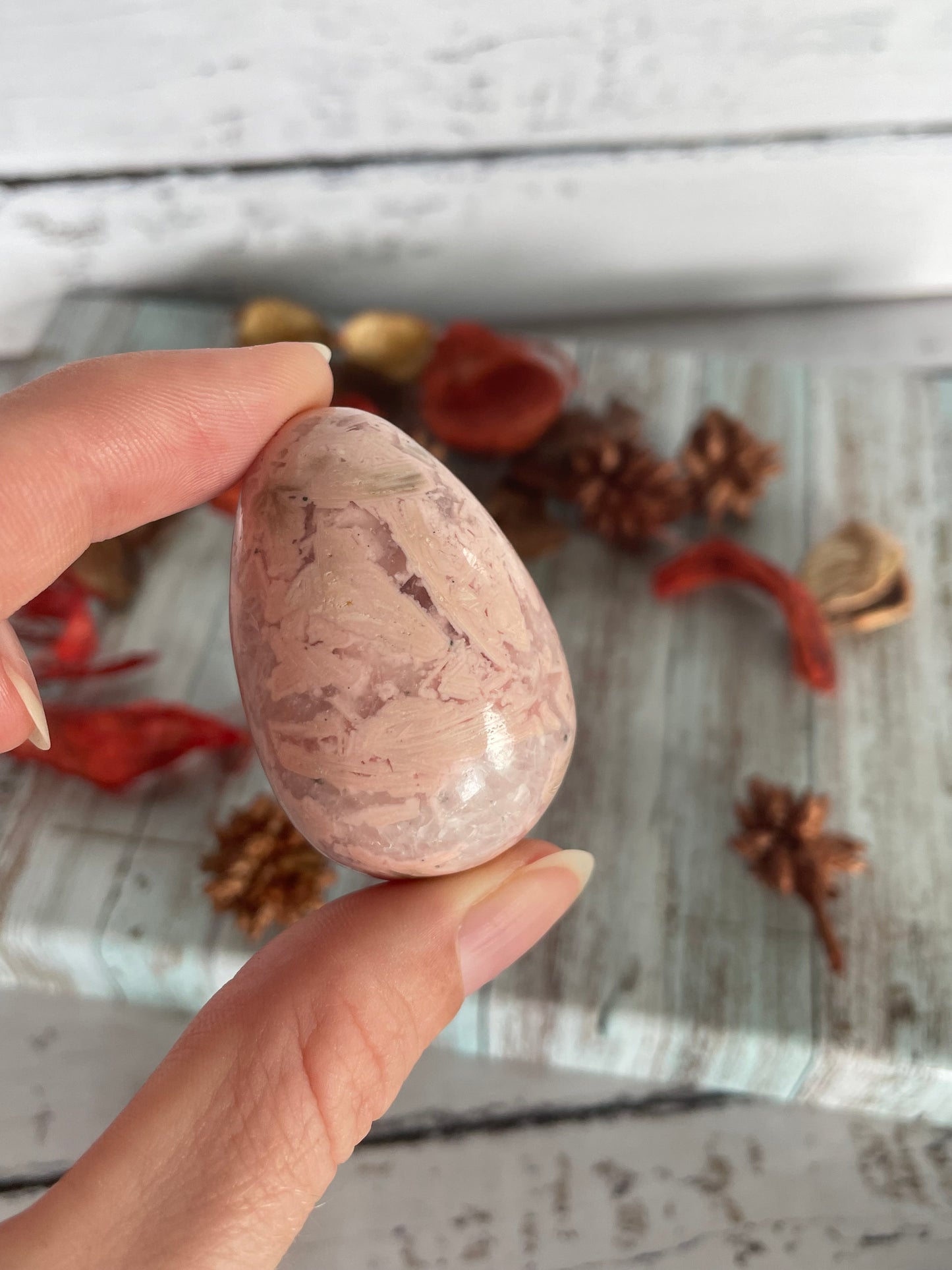 Rhodochrosite Egg Includes Hematite Ring