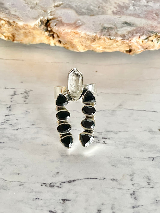 Black Onyx & Herkimer Diamond Adjustable Ring ~ size 7 - 8