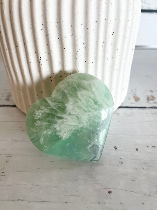 Green snowflake fluorite heart