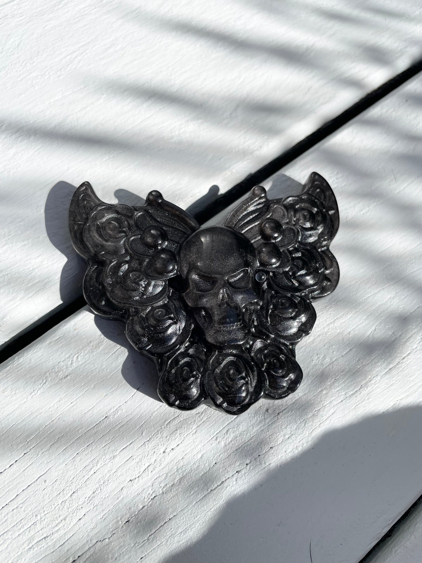 Silver Sheen Obsidian - Skull & Roses