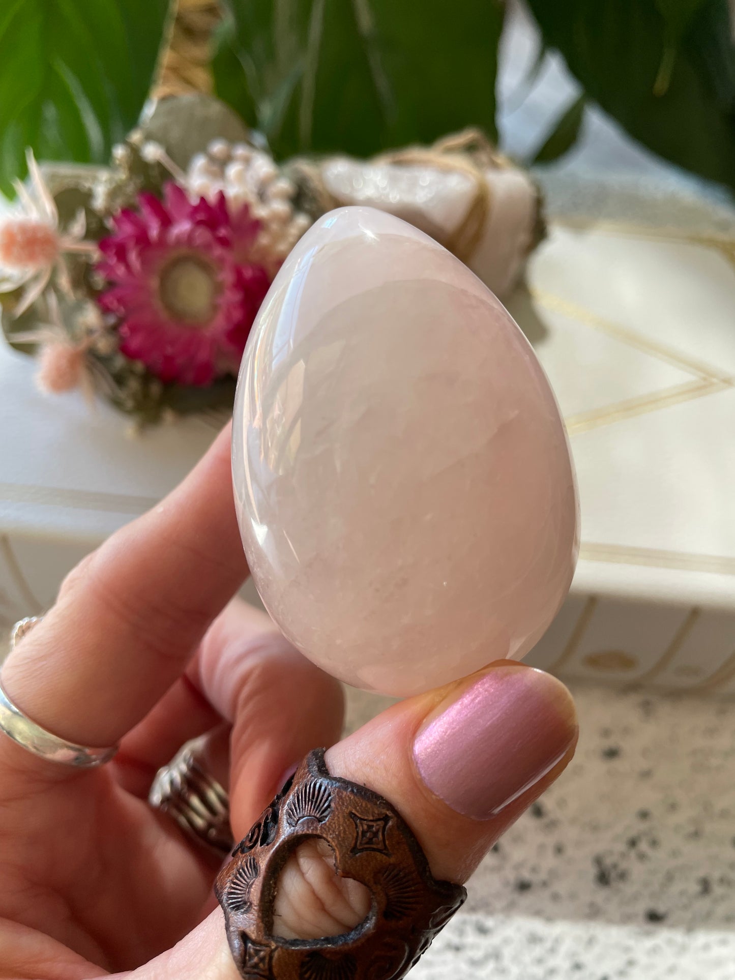 Rose Quartz Egg Includes Hematite Ring