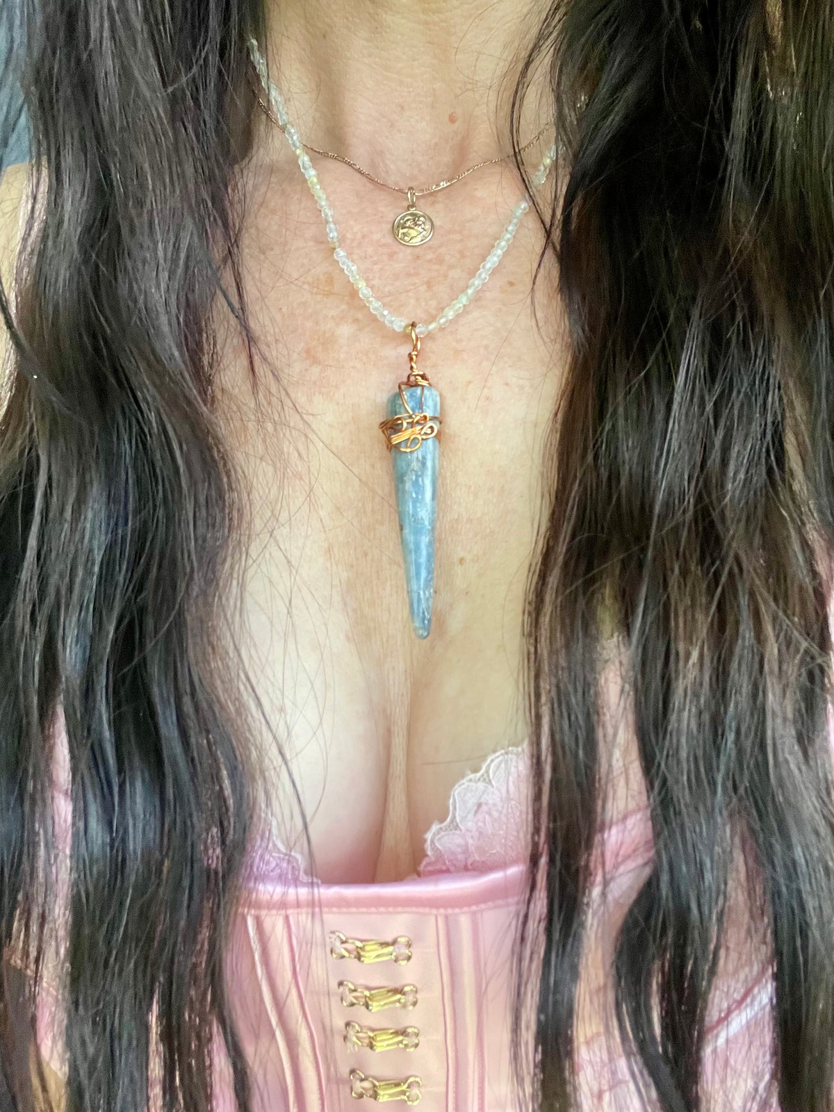 Kyanite & Golden Healer Quartz Copper Wrapped Necklace